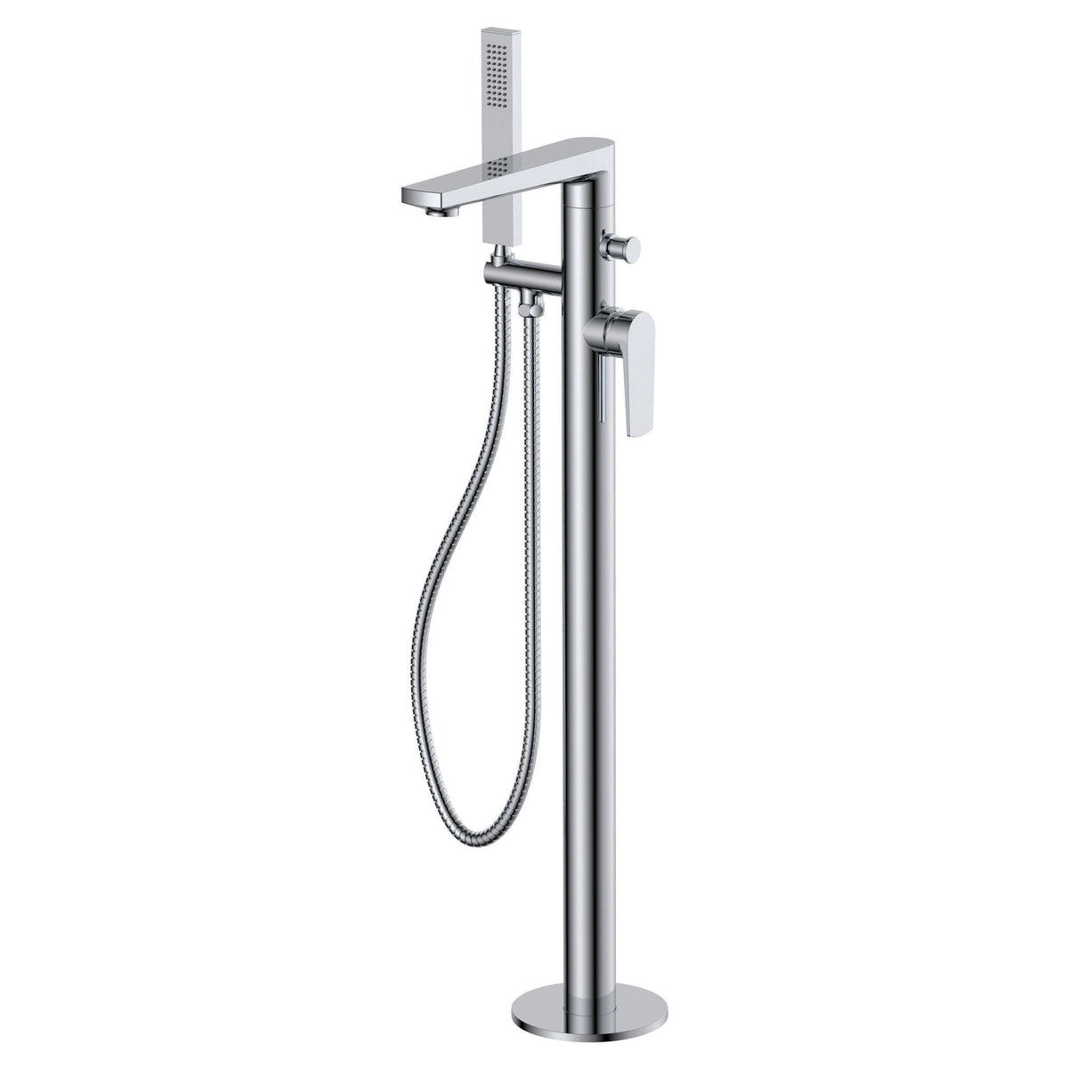 Sleek modern freestanding bathroom shower column with hand shower and chrome finish for contemporary bathroom designs.