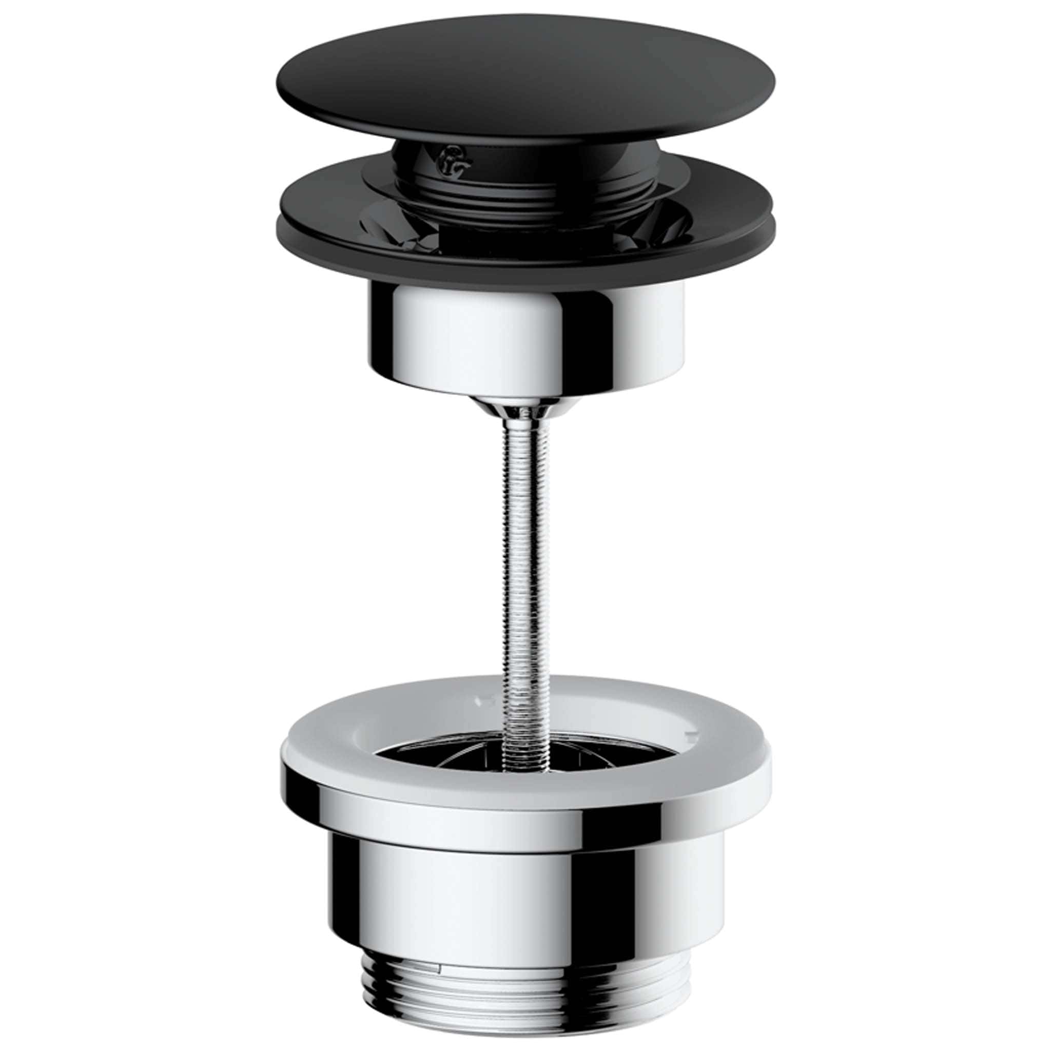High-quality bathroom sink drain assembly with a sleek black and chrome finish, designed for modern bathroom installation and durability.