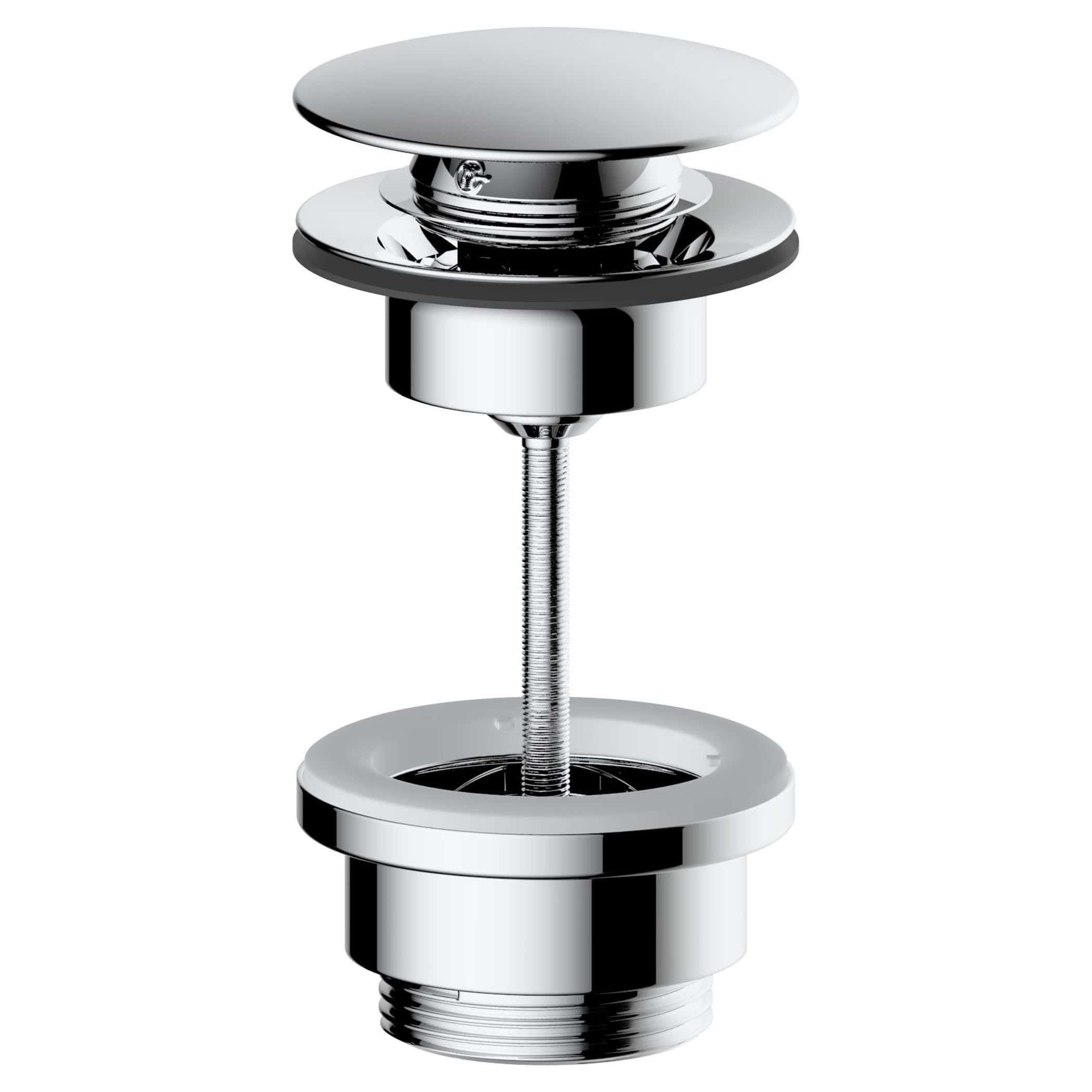 Polished chrome bathroom pop-up waste drain fitting with sealing ring, ideal for modern bathroom sinks and basins.