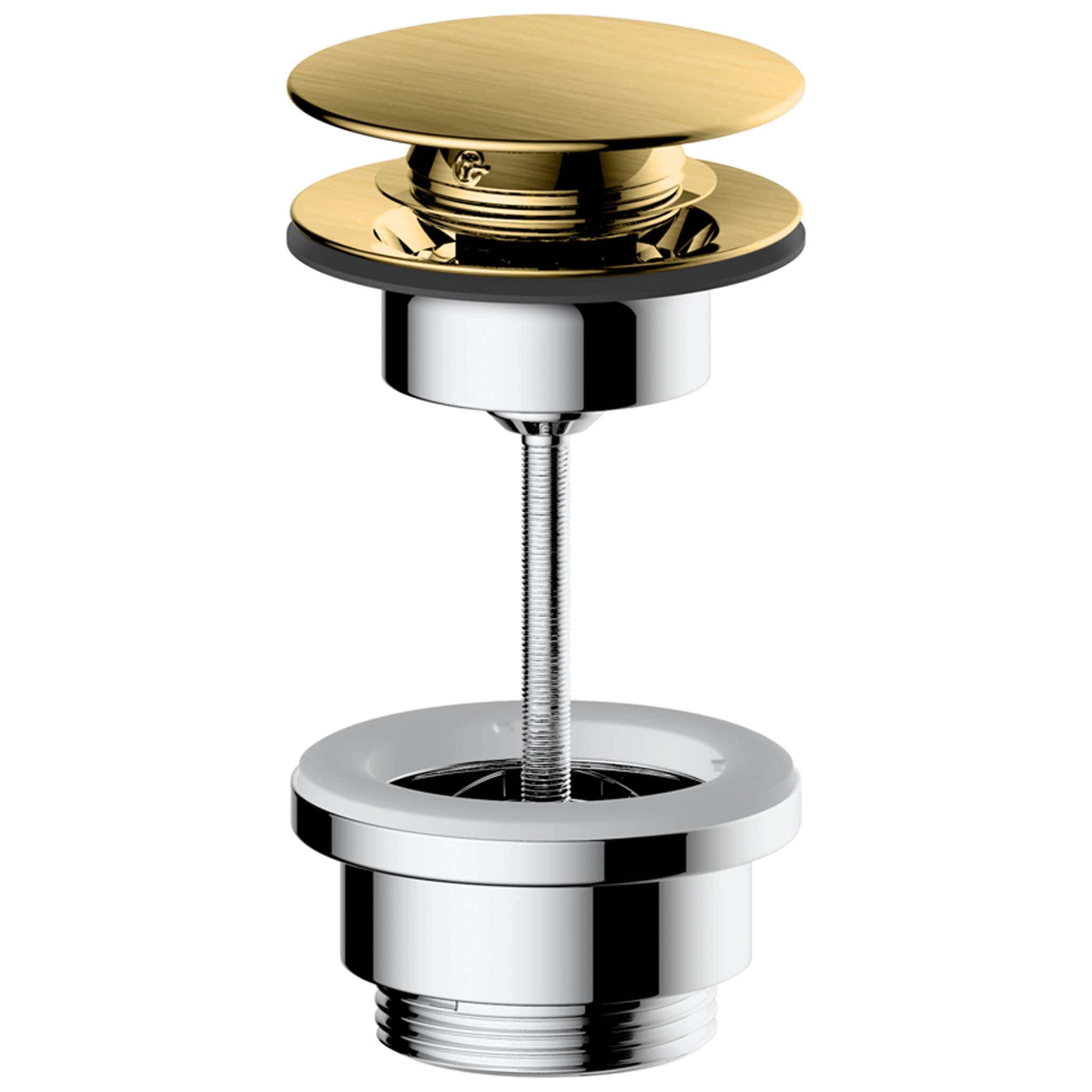 Shiny gold and chrome bathroom drain stopper with adjustable height, modern design, perfect for luxury bathroom fixtures.
