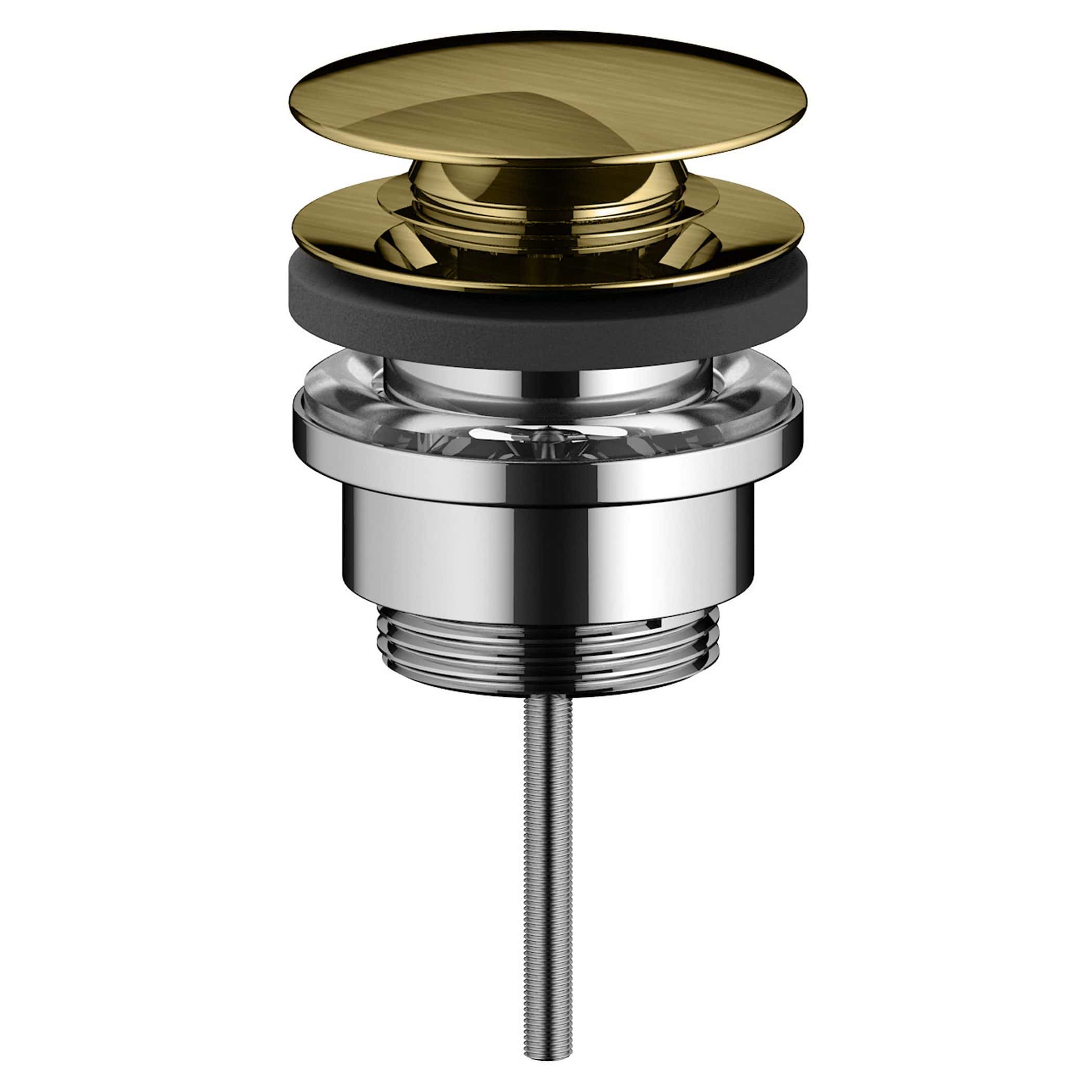 Polished brass and chrome bathroom pop-up drain assembly with rubber seal, designed for modern bathroom sinks. High-quality fixtures from Bubly Bathrooms for a stylish and functional sink setup.