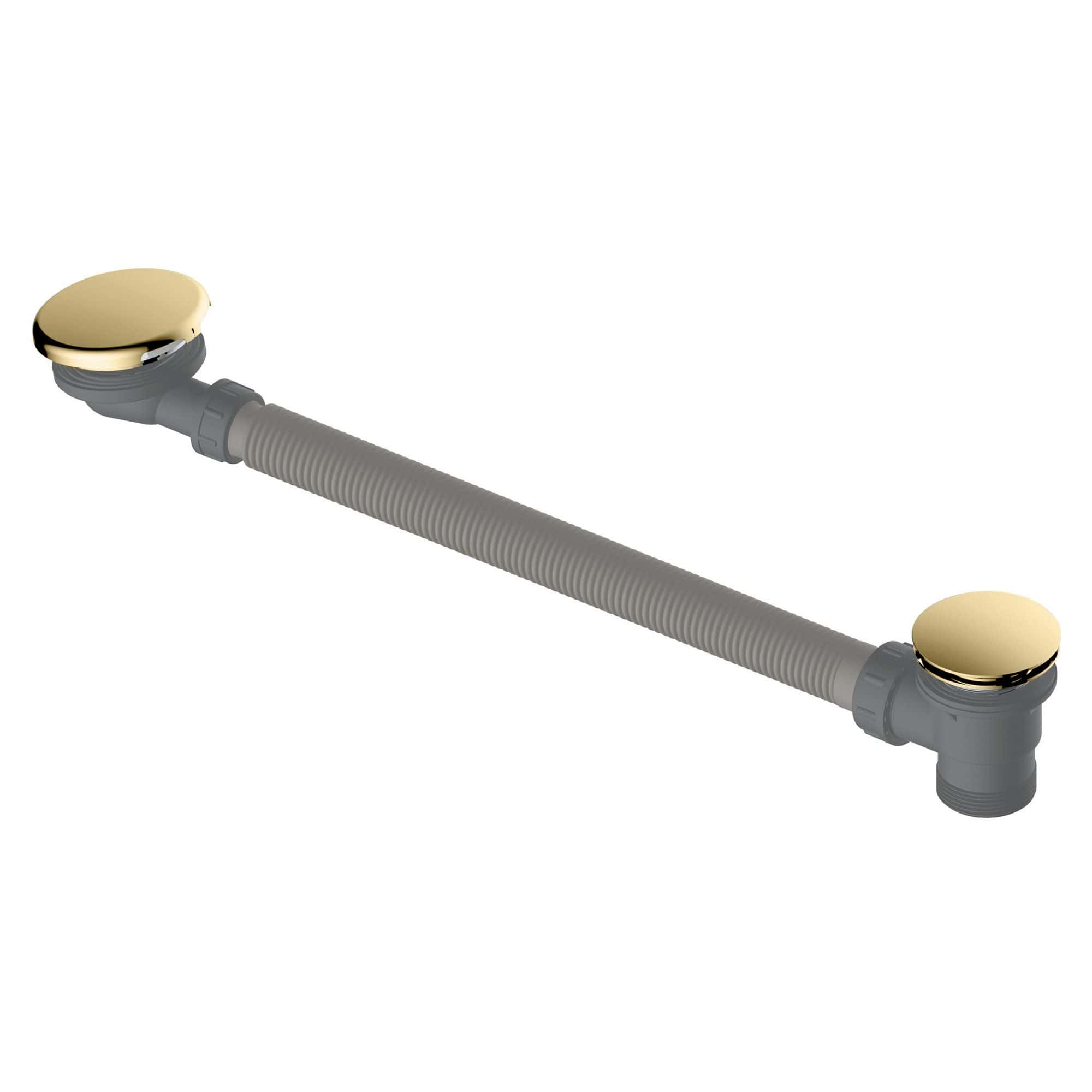 Flexible bathroom sink drain pipe with gold-toned drain covers, ideal for modern bathroom plumbing and sink installation. Perfect for maintaining efficient water flow and easy setup.
