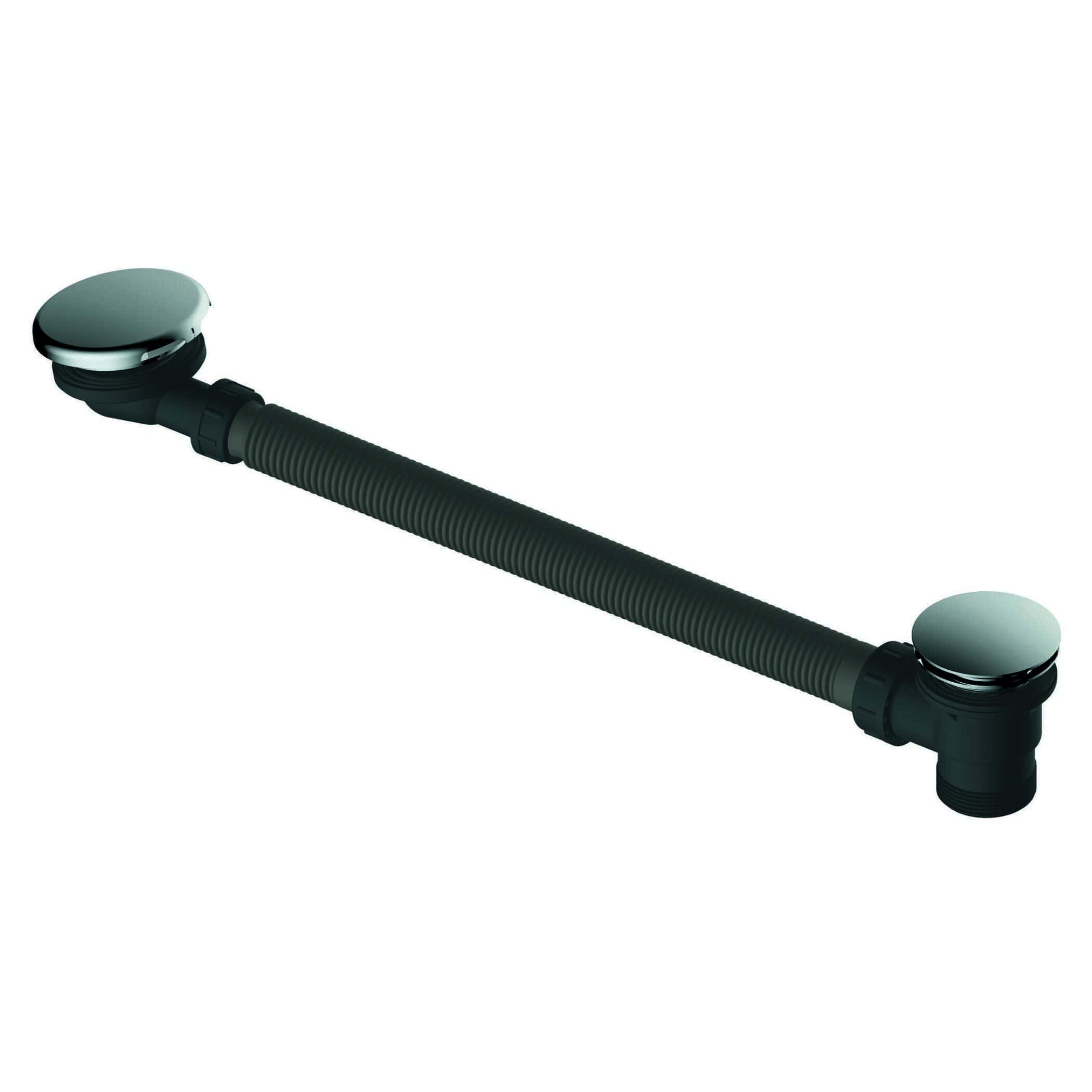 Flexible bathroom drain pipe with chrome-plated end caps for sink or bathtub drainage systems. Durable black PVC material designed for leak-proof, easy installation, and efficient water flow.