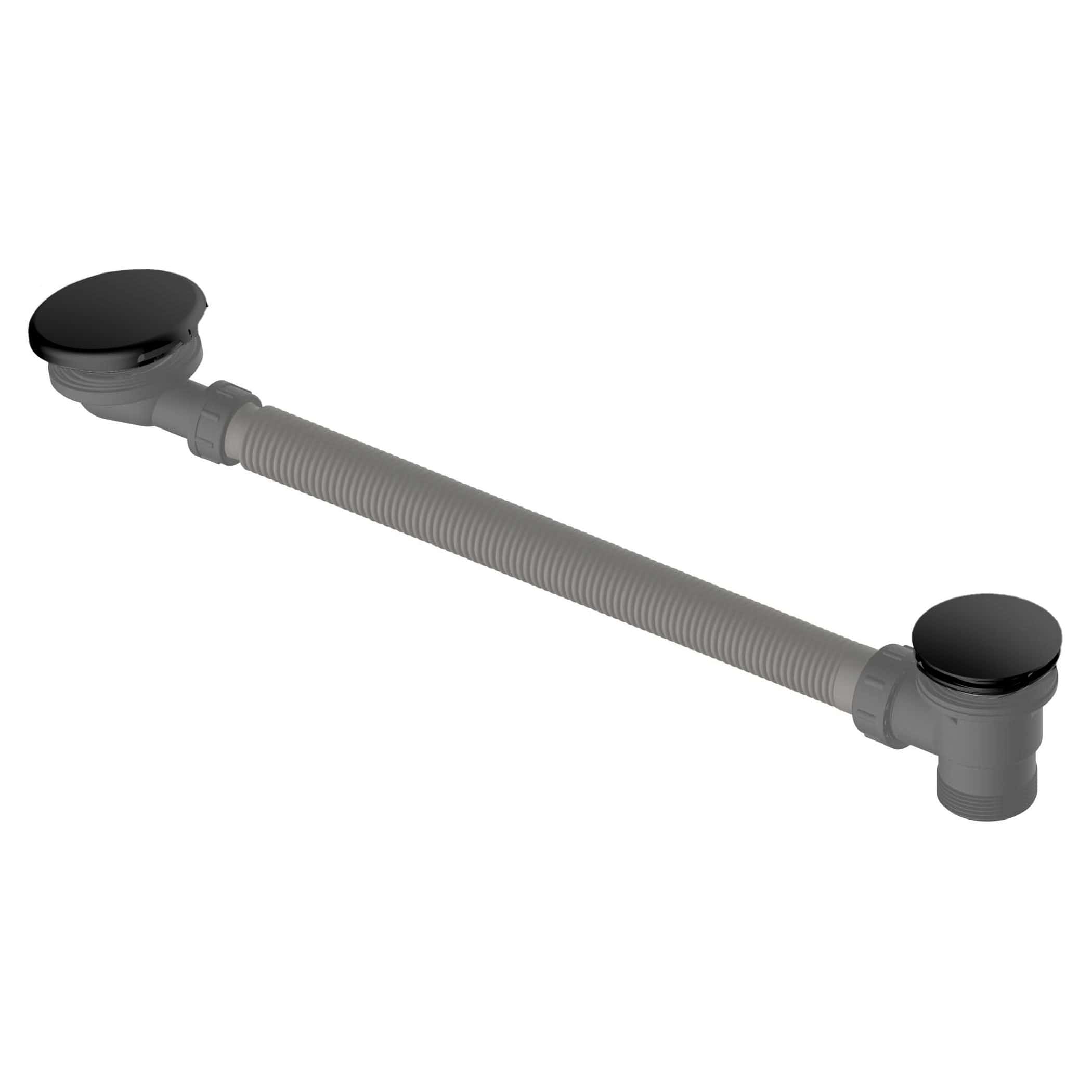 Flexible bathroom sink drain pipe with black rubber end caps, lightweight plastic construction, suitable for plumbing installations and repairs.