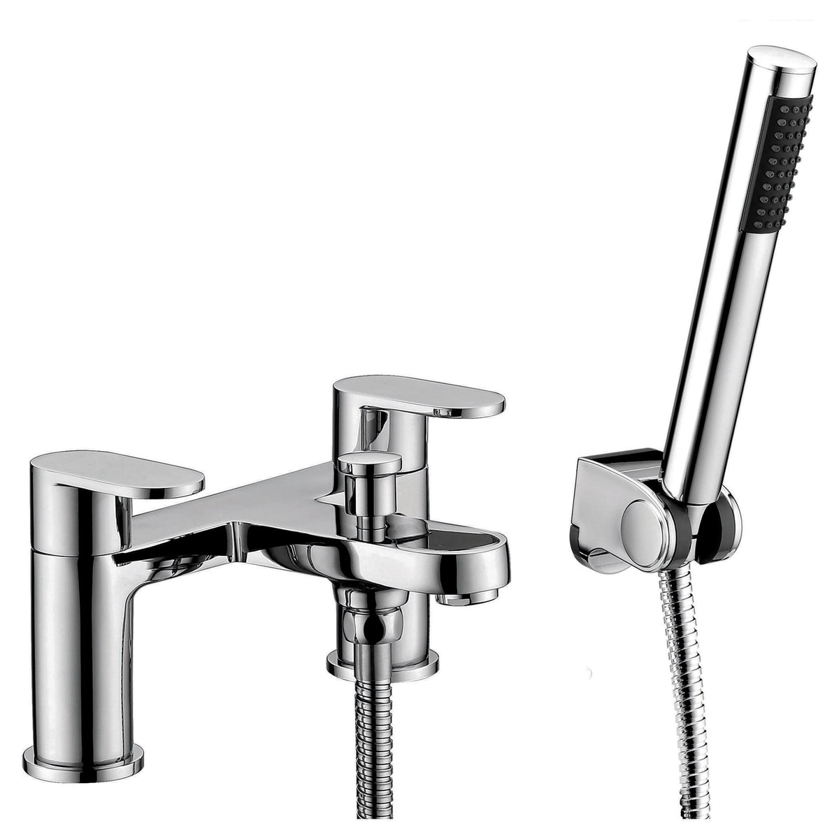 Sleek chrome bathroom tap and handheld shower head set, modern design ideal for contemporary bathrooms. Crafted from durable materials, providing style and functionality for your bathroom upgrade.