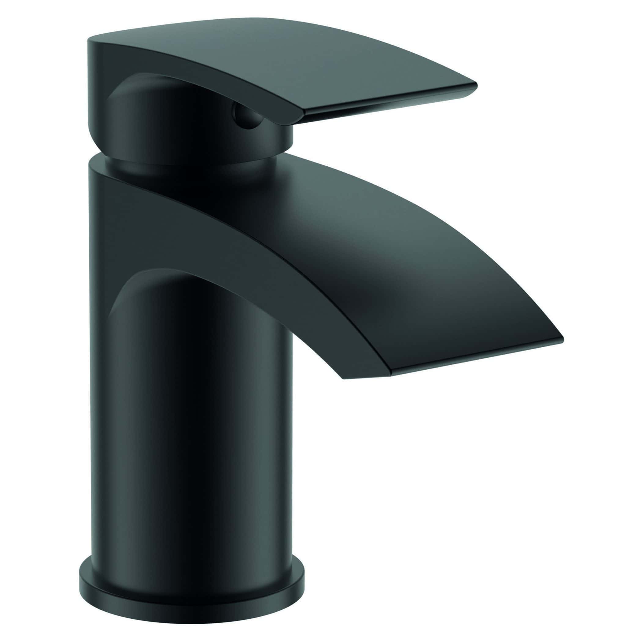 Black modern bathroom sink mixer tap with sleek design and matte finish. Perfect for contemporary bathrooms, combining style and functionality. Ideal for upgrading your bathroom fixtures.