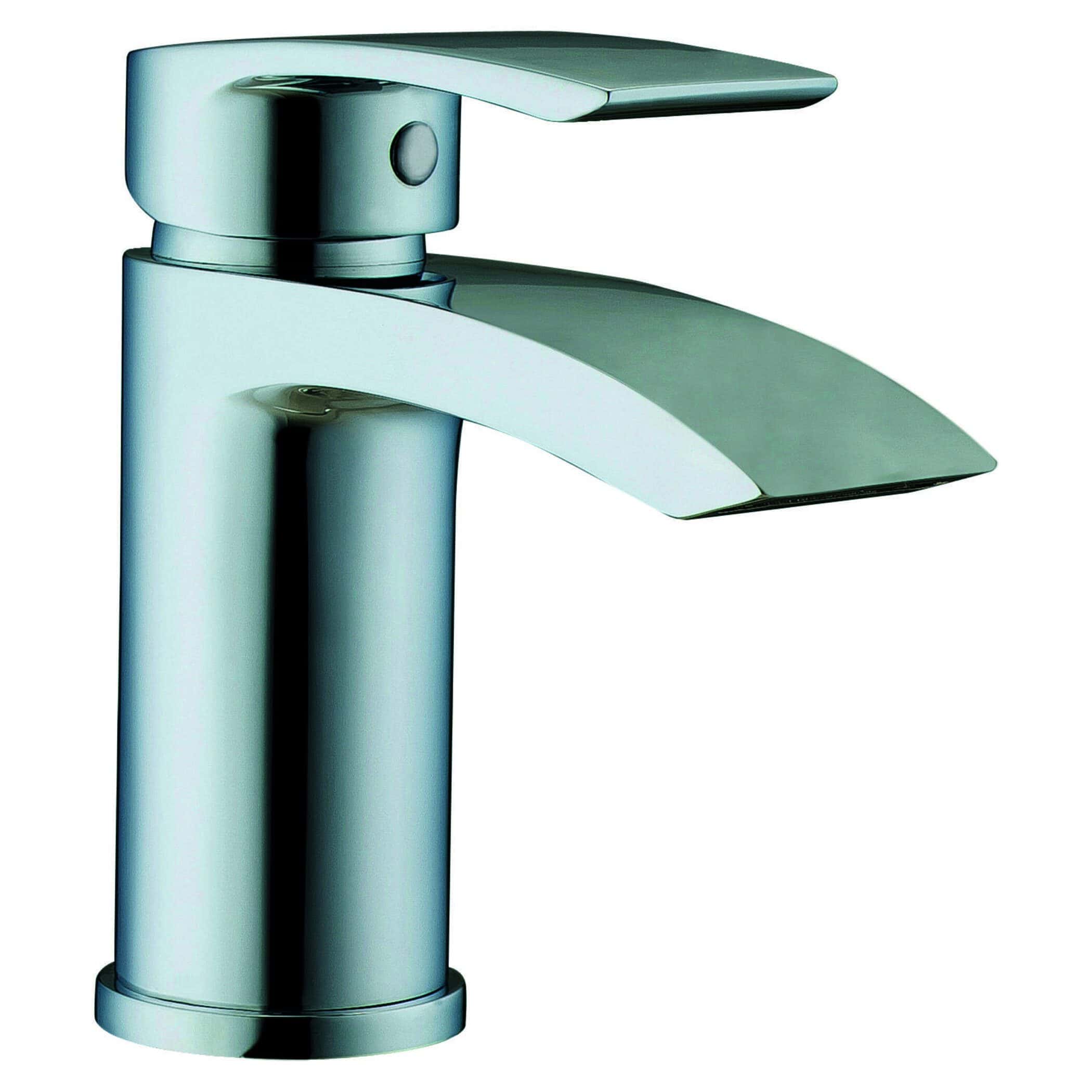 Modern chrome bathroom sink tap with sleek, contemporary design.
