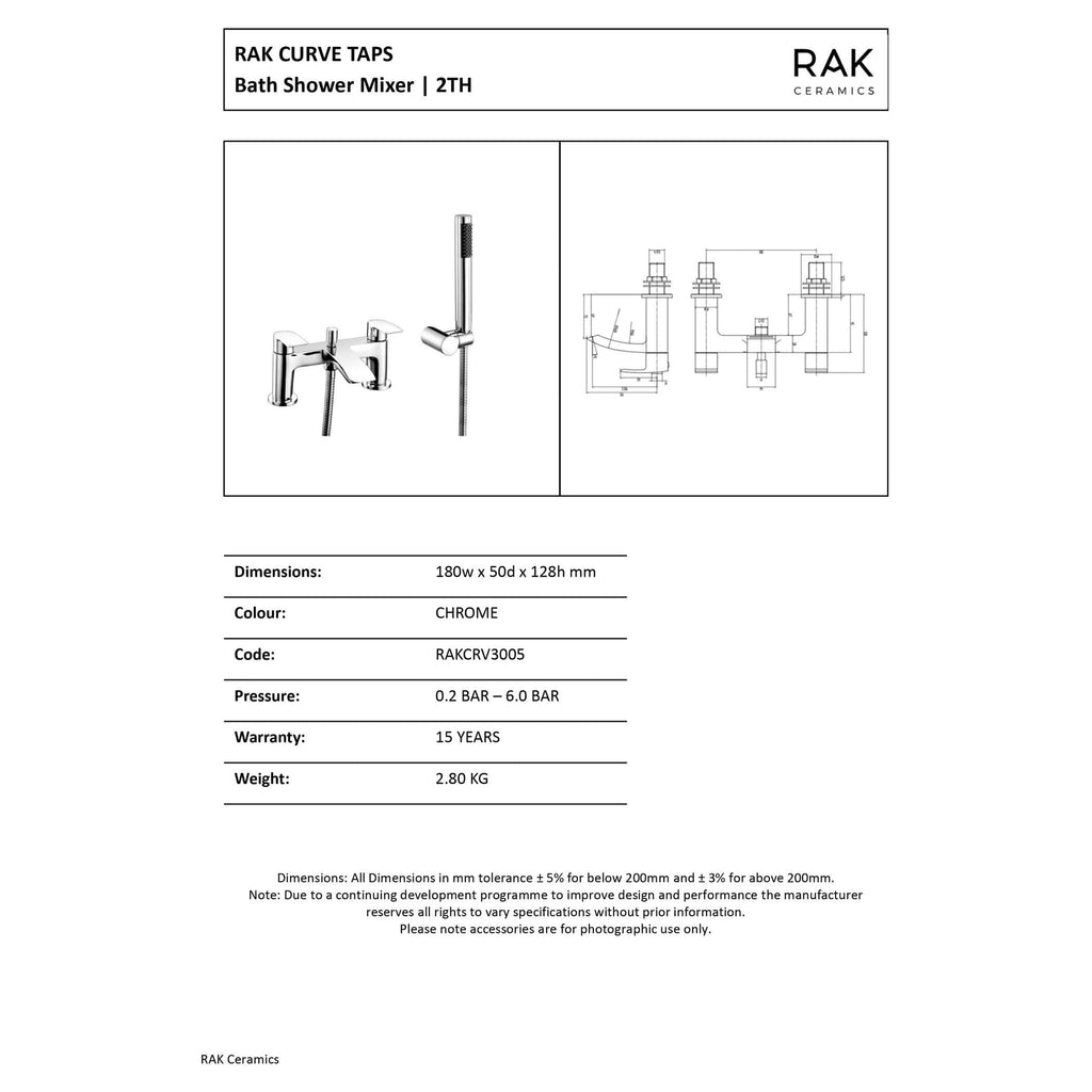 Chrome bath shower mixer tap with detachable handheld shower, modern bathroom fixture for contemporary shower design. High-quality RAK Ceramics plumbing accessory, durable and stylish.