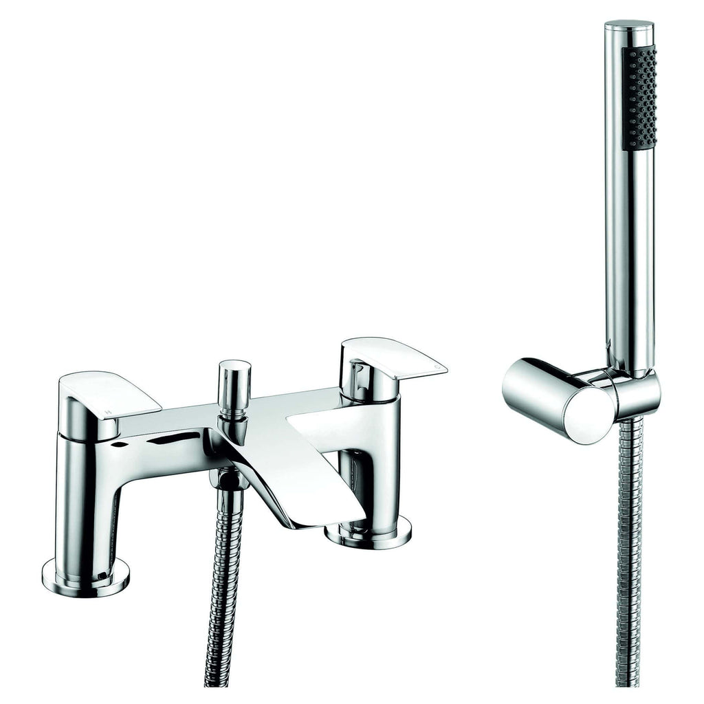 Shiny chrome bathroom tap and handheld shower head set from Bubly Bathrooms. Modern and durable fixtures ideal for contemporary bathroom renovation and design.