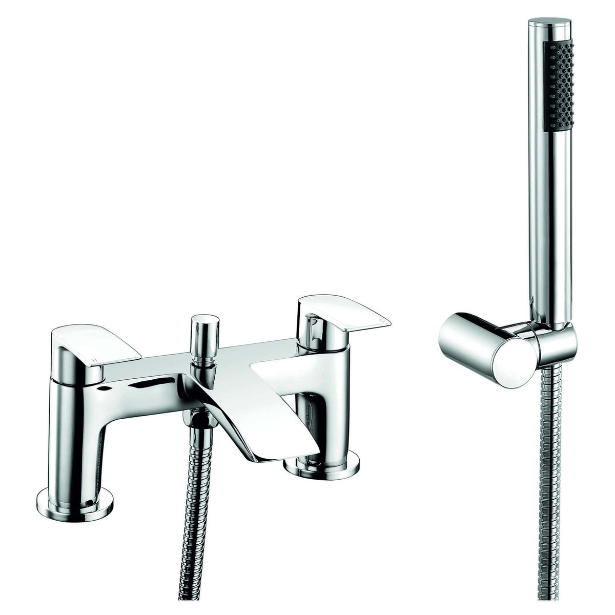Shiny chrome bathroom tap and handheld shower head set from Bubly Bathrooms. Modern and durable fixtures ideal for contemporary bathroom renovation and design.