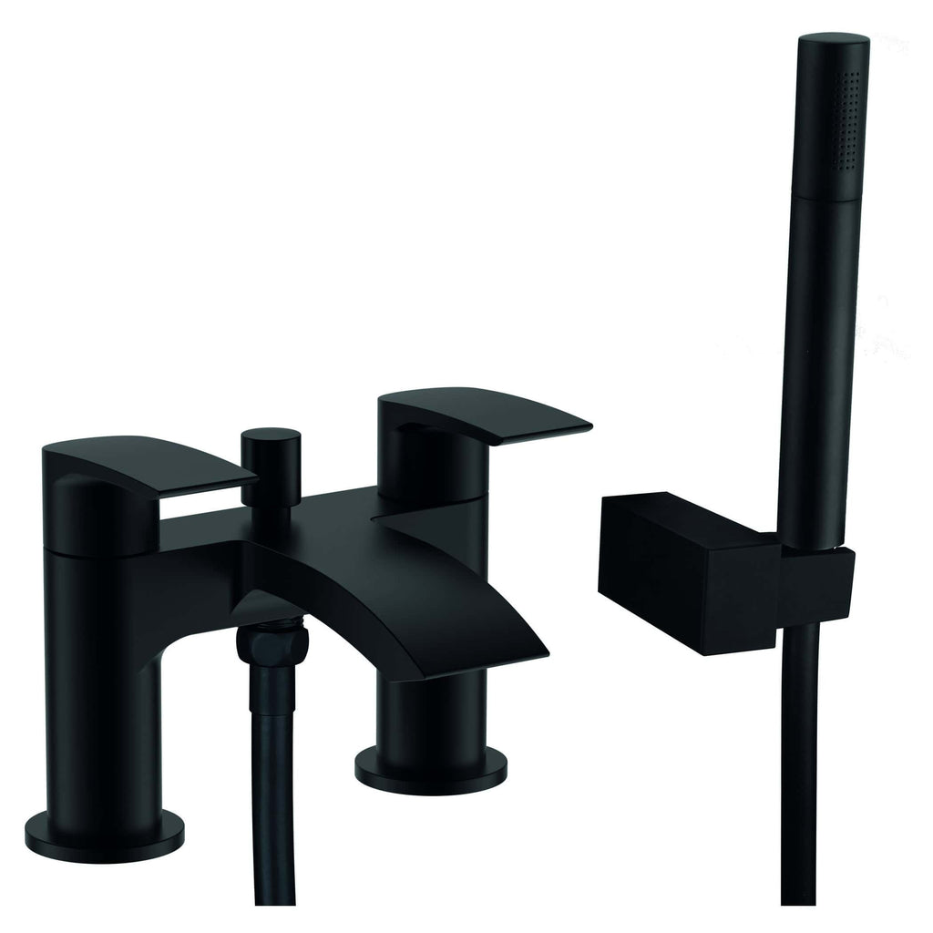 Sleek black bathroom tap and handheld shower fixture from Bubly Bathrooms, featuring modern design and durable matte finish, perfect for contemporary bathroom renovation or upgrade.
