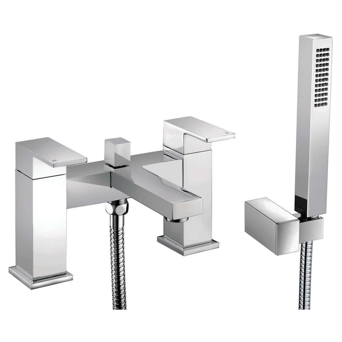 Chrome bathroom mixer tap with flexible hose and modern design. Suitable for contemporary bathrooms, high-quality finish, and sleek style for stylish bath and shower setups.