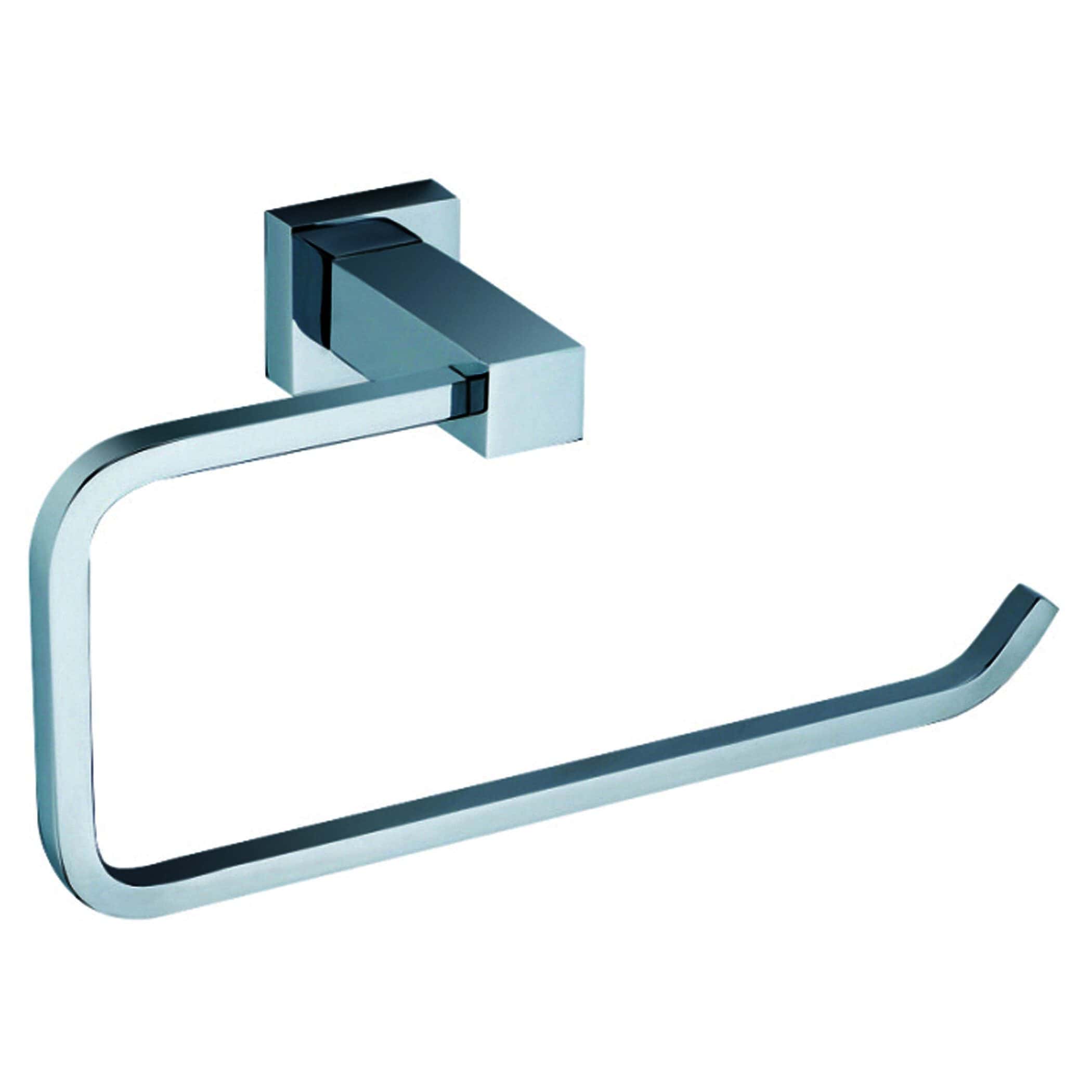 Sleek chrome bathroom toilet paper holder with modern square mounting bracket and curved arm design. Perfect for contemporary bathroom decor.