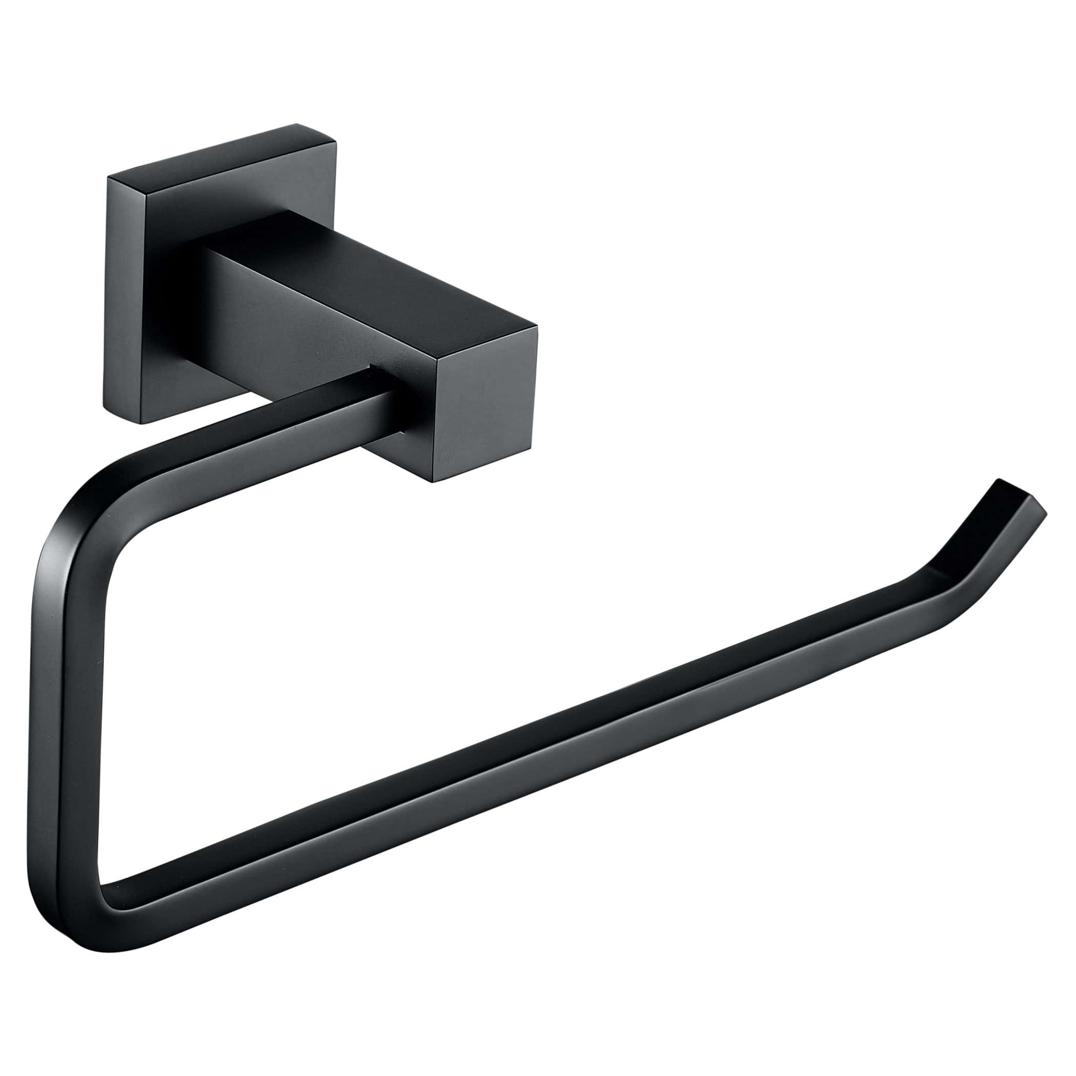 Black matte toilet paper holder with a modern, sleek design for contemporary bathrooms. Durable metal construction with minimalistic style and easy installation. Perfect for stylish bathroom accessories.