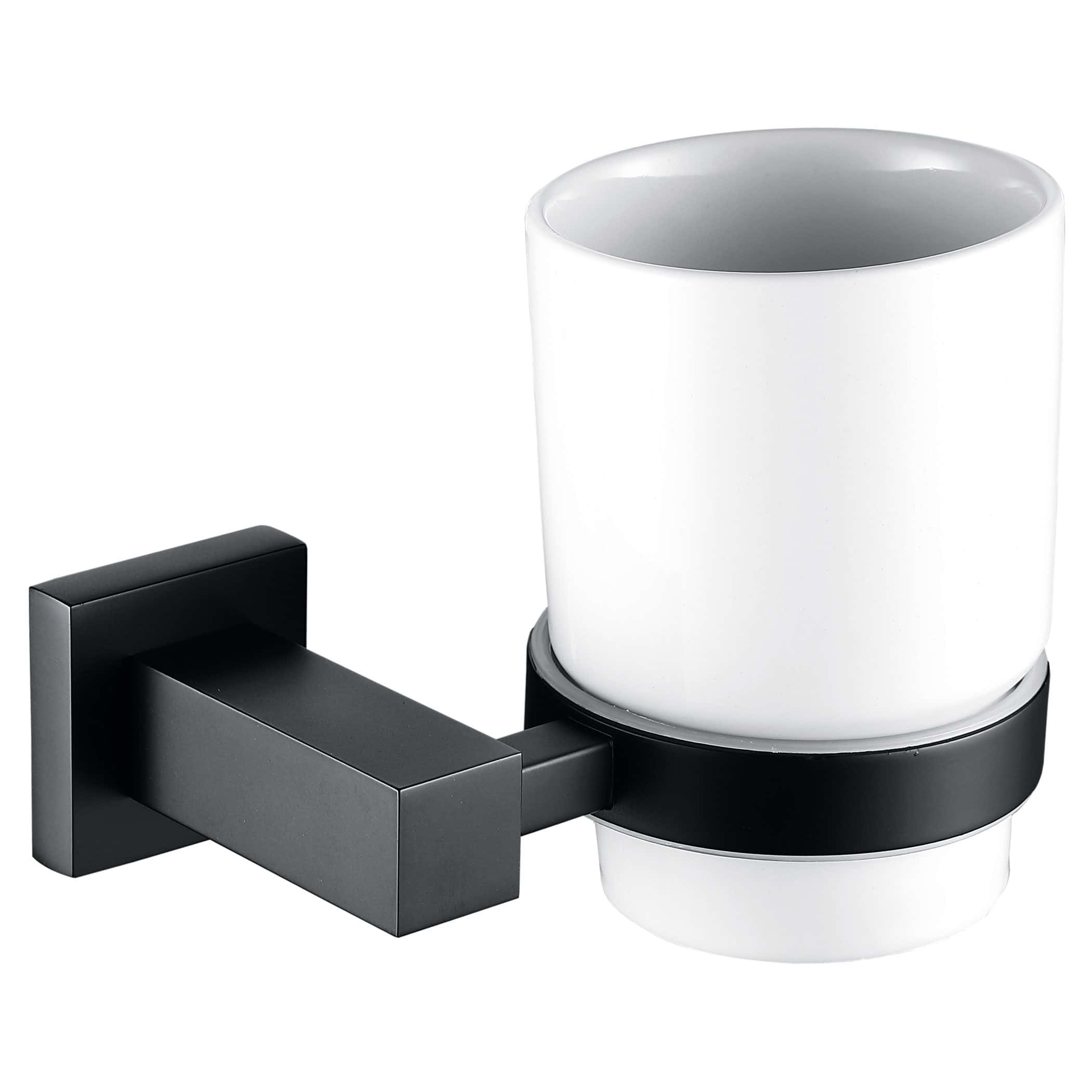 Sleek black and white ceramic toothbrush holder with wall mount, modern bathroom accessory design. Perfect for organising toothbrushes and toiletries in contemporary bathrooms.