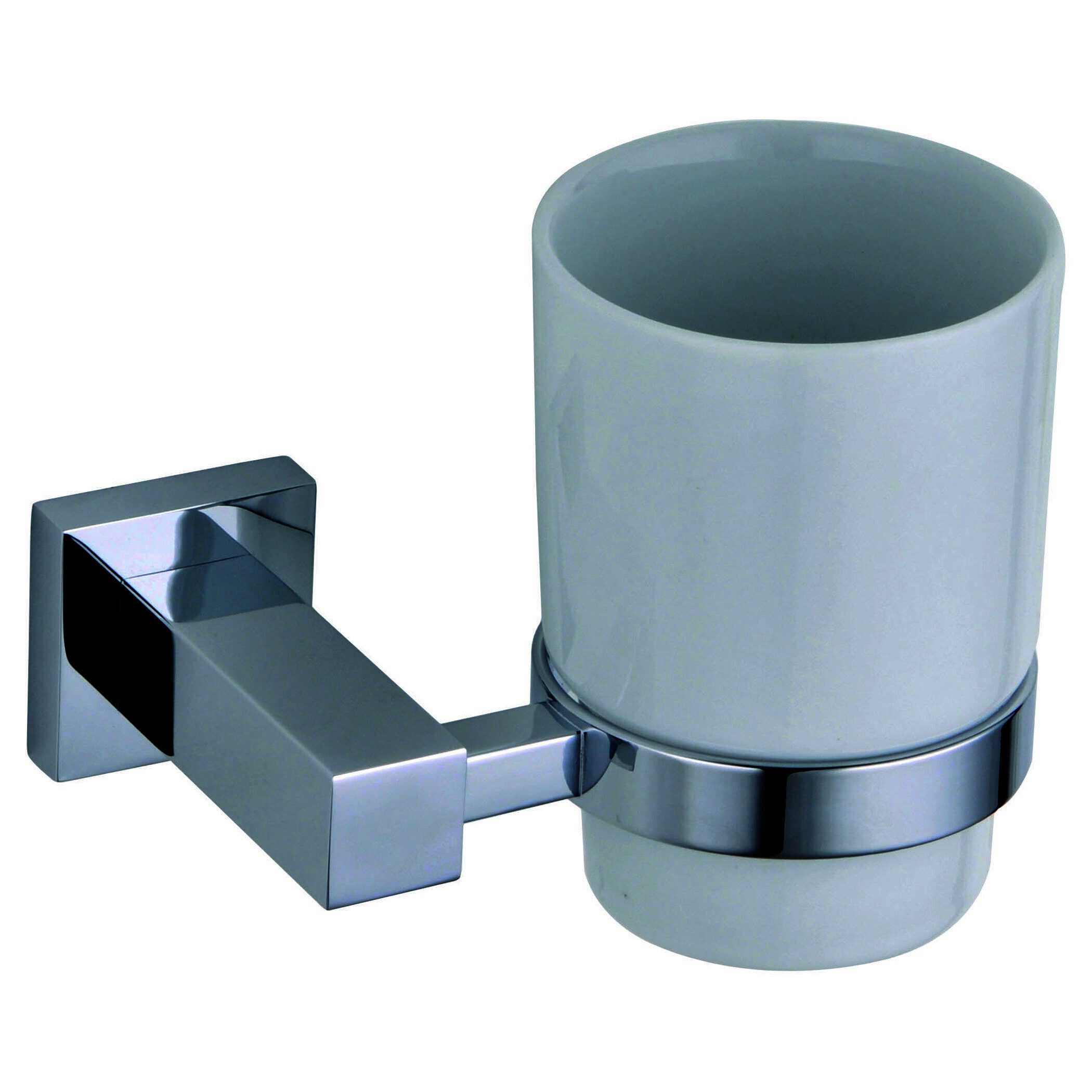 Sleek modern bathroom tumbler holder with chrome finish and ceramic cup for toiletries, ideal for contemporary bathroom designs.