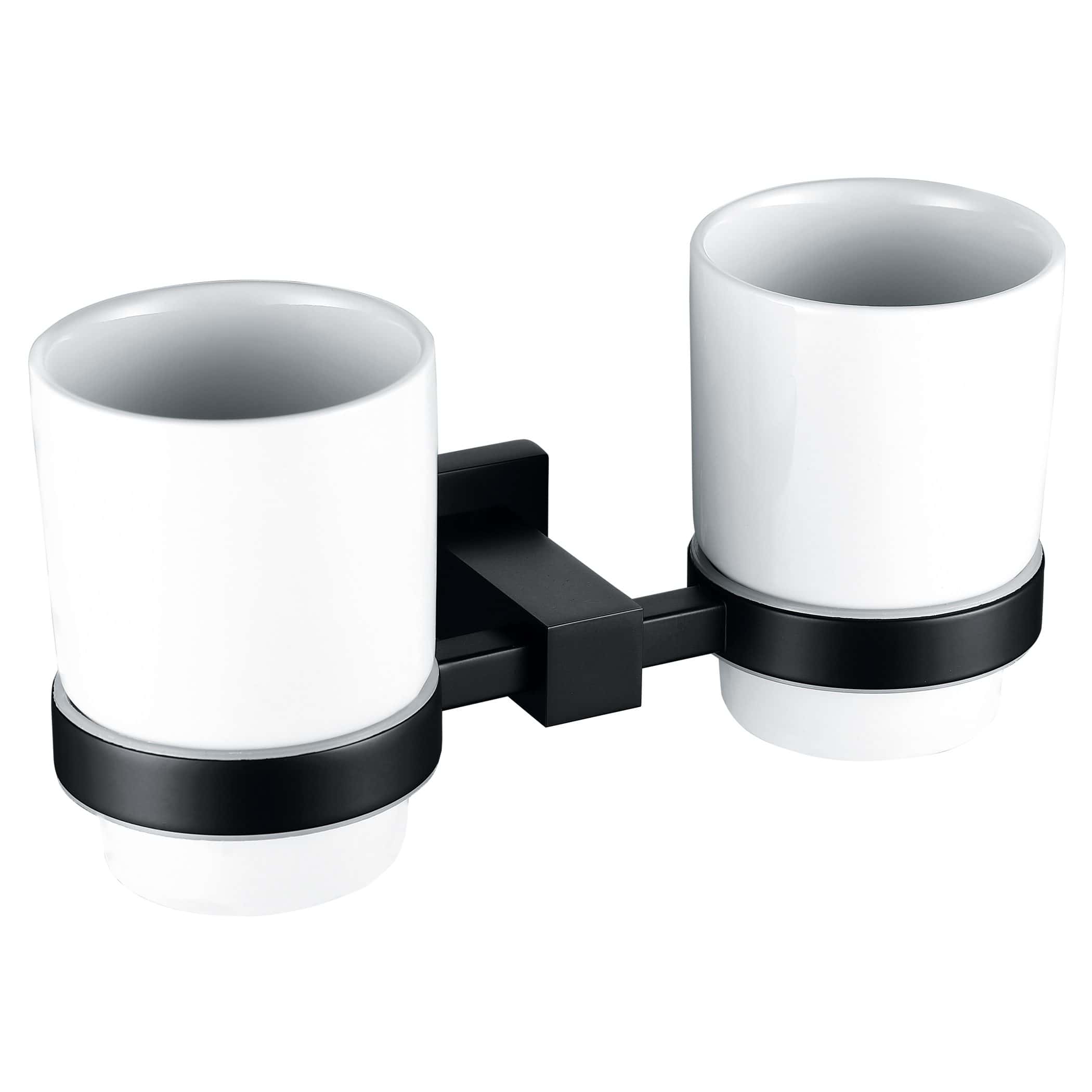 Sleek double-sided bathroom cup holder with a modern black and white design, ideal for storing toothbrushes and small toiletries, perfect for contemporary bathrooms.