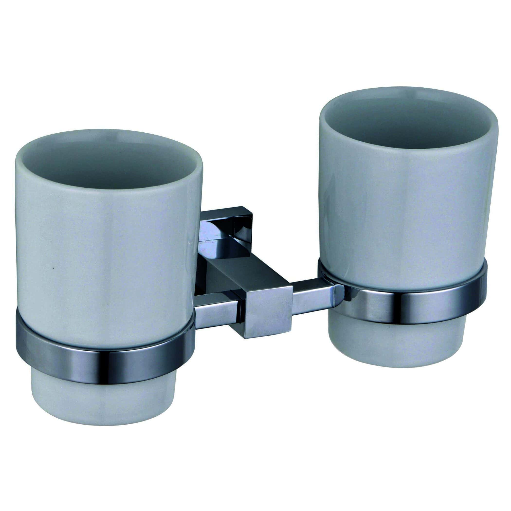 A pair of modern white ceramic bathroom tumblers with chrome mounting brackets, designed for holding toothbrushes or other toiletries, ideal for contemporary bathroom decor.