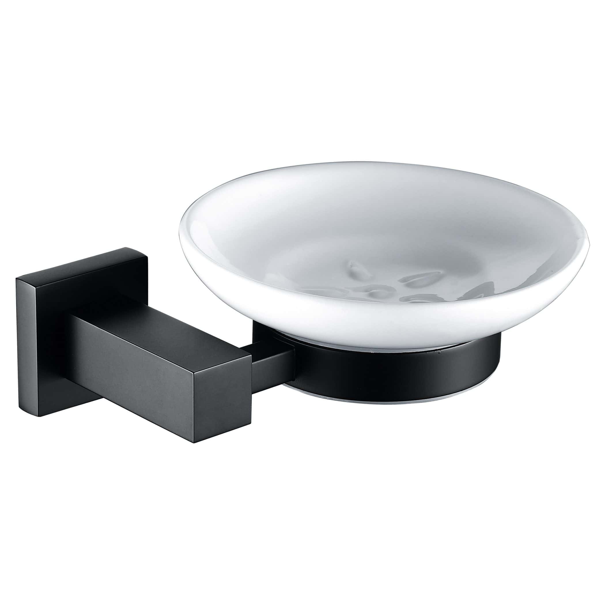 Shaving bowl with a modern black mount and white ceramic dish, ideal for stylish bathroom grooming setups.