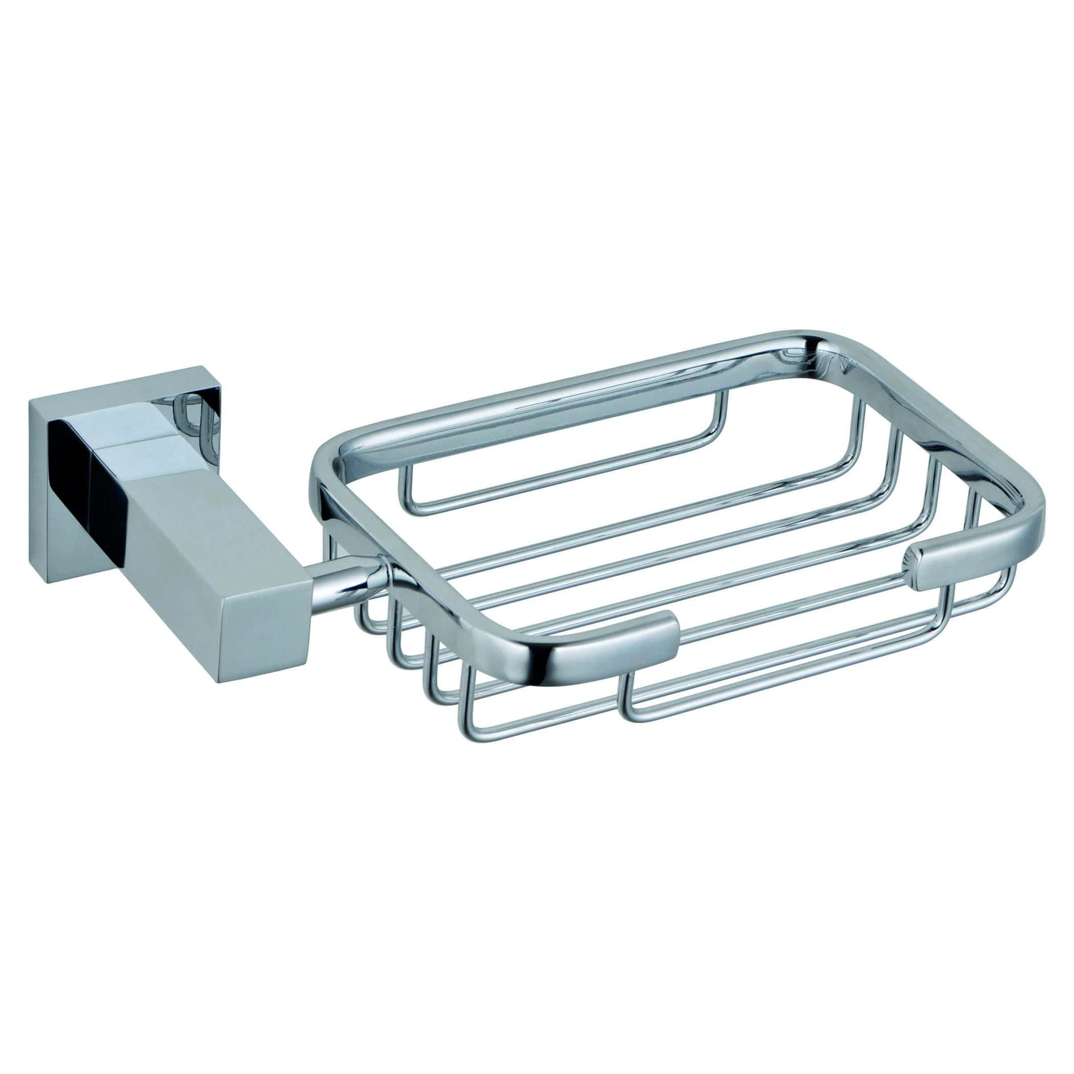 Sleek chrome bathroom soap or shampoo holder mounted on wall, designed for modern bathrooms, durable stainless steel construction, ideal for keeping toiletries organised and accessible.