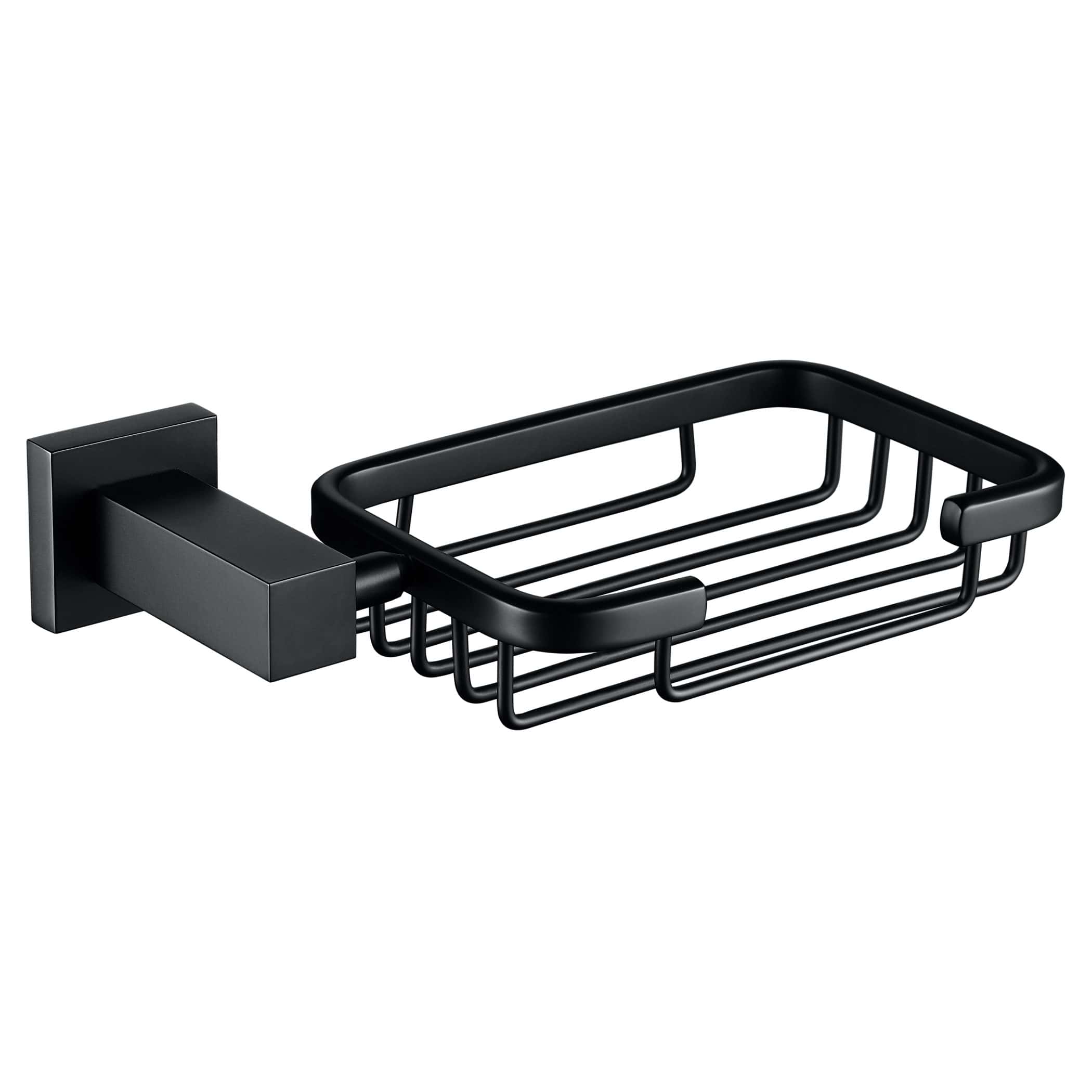 Sleek black metal bathroom soap dish holder with wall-mount design, perfect for modern bathrooms and shower areas.