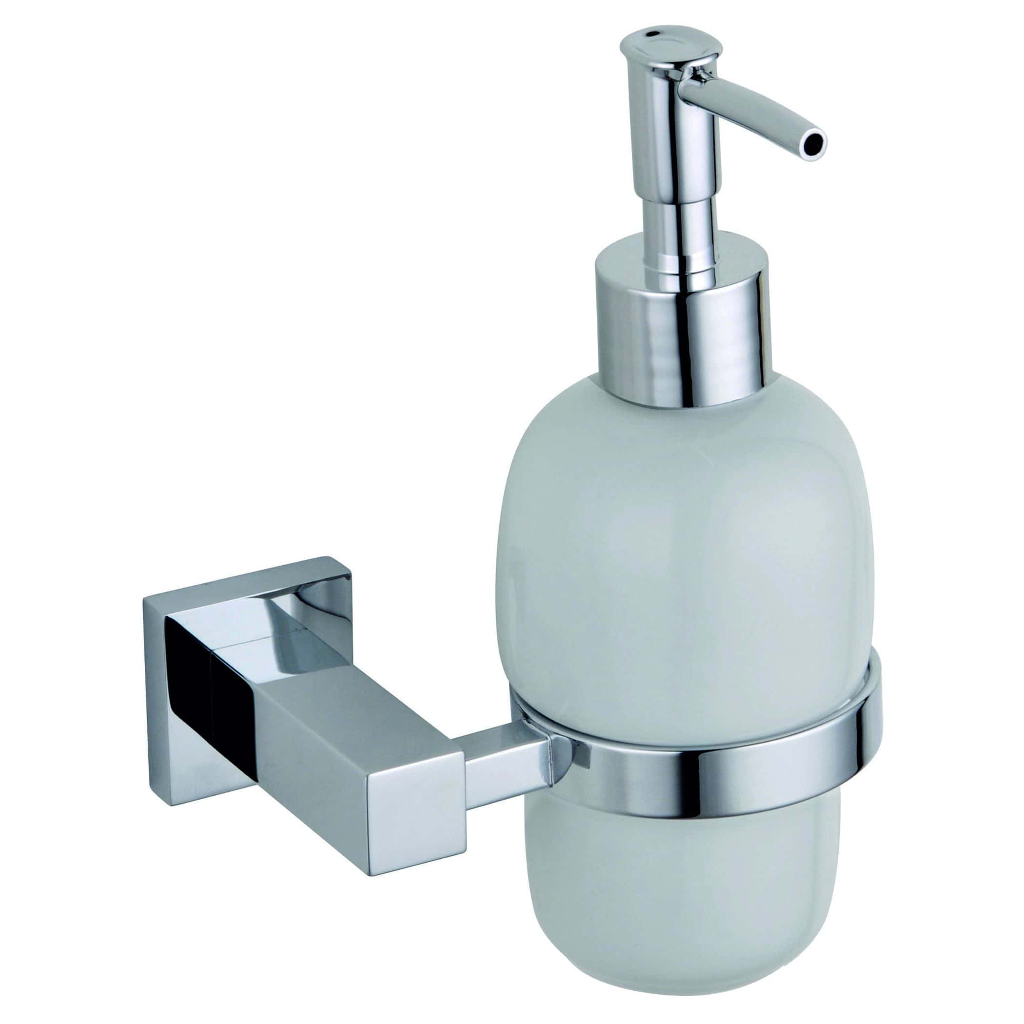 Sleek white soap dispenser with chrome accents, ideal for modern bathroom decor. Perfect for liquid soap or hand wash, combining functionality with contemporary style.