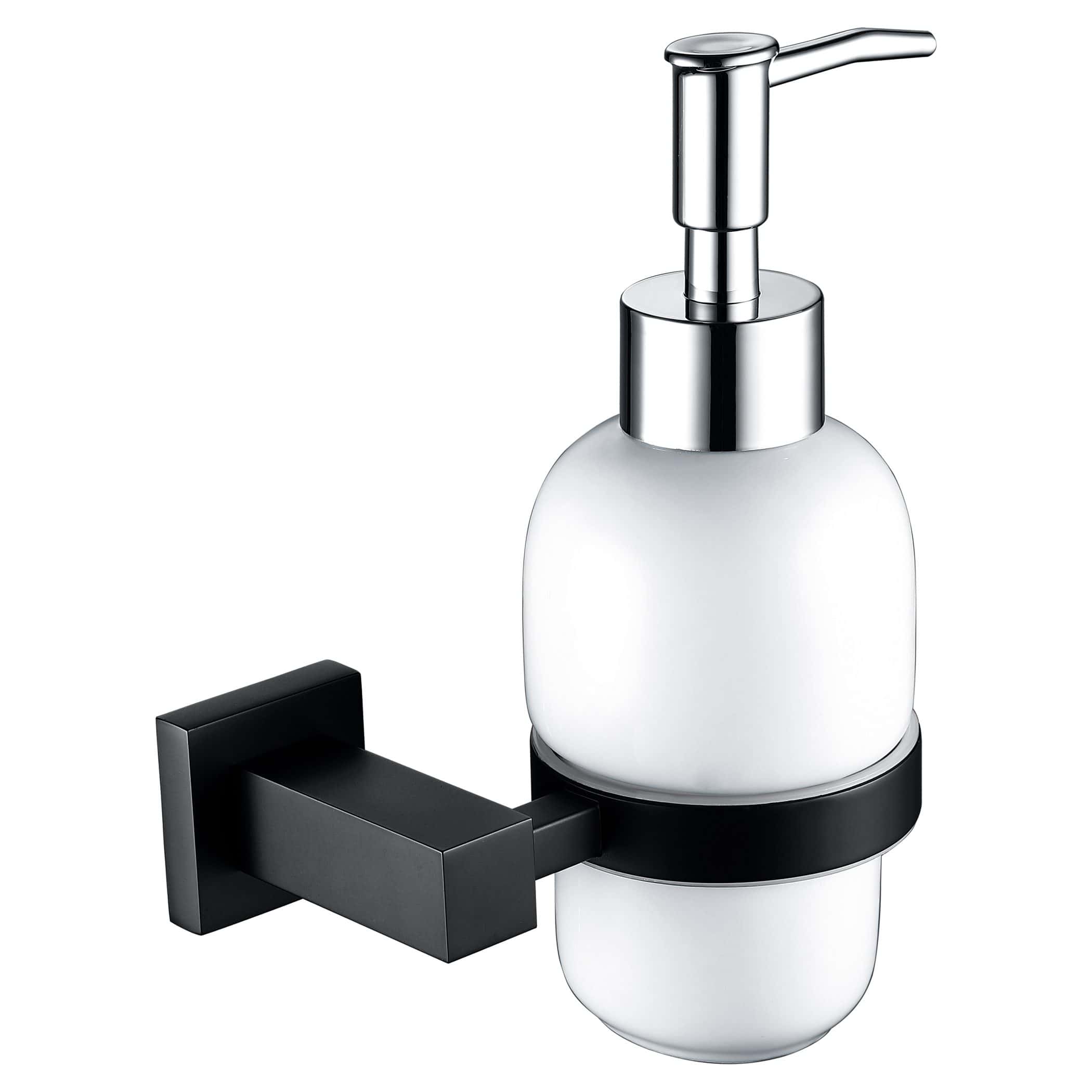 Shaving cream dispenser mounted on a black wall bracket with a sleek chrome pump, ideal for modern bathrooms and grooming stations.