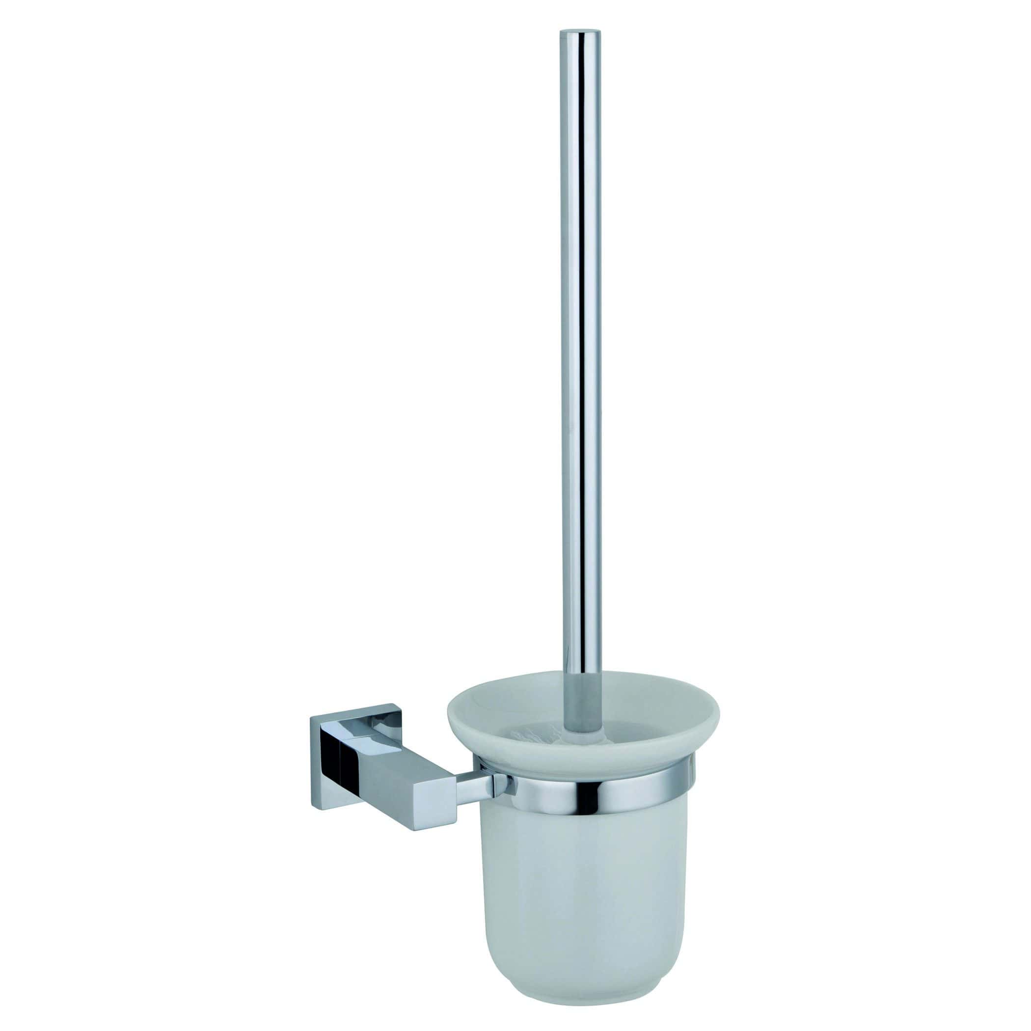 Stainless steel toilet brush holder with chrome finish and ceramic basin for bathroom cleaning accessories. Durable and stylish bathroom essentials for modern bathrooms.