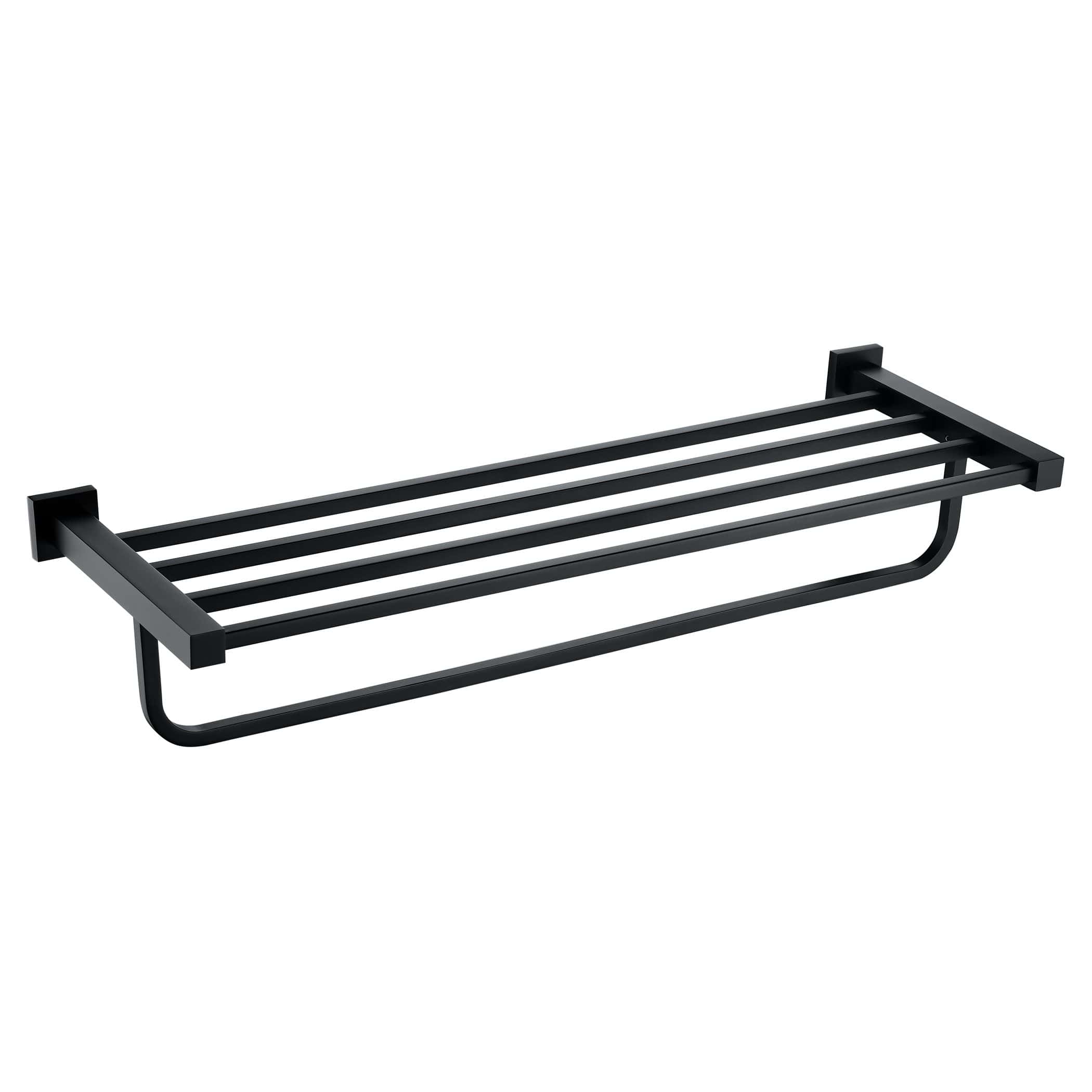 Sleek black bathroom wall rack with multiple bars for towel storage, ideal for modern bathrooms. Durable metal construction enhances organisation and style in Bubly Bathrooms.