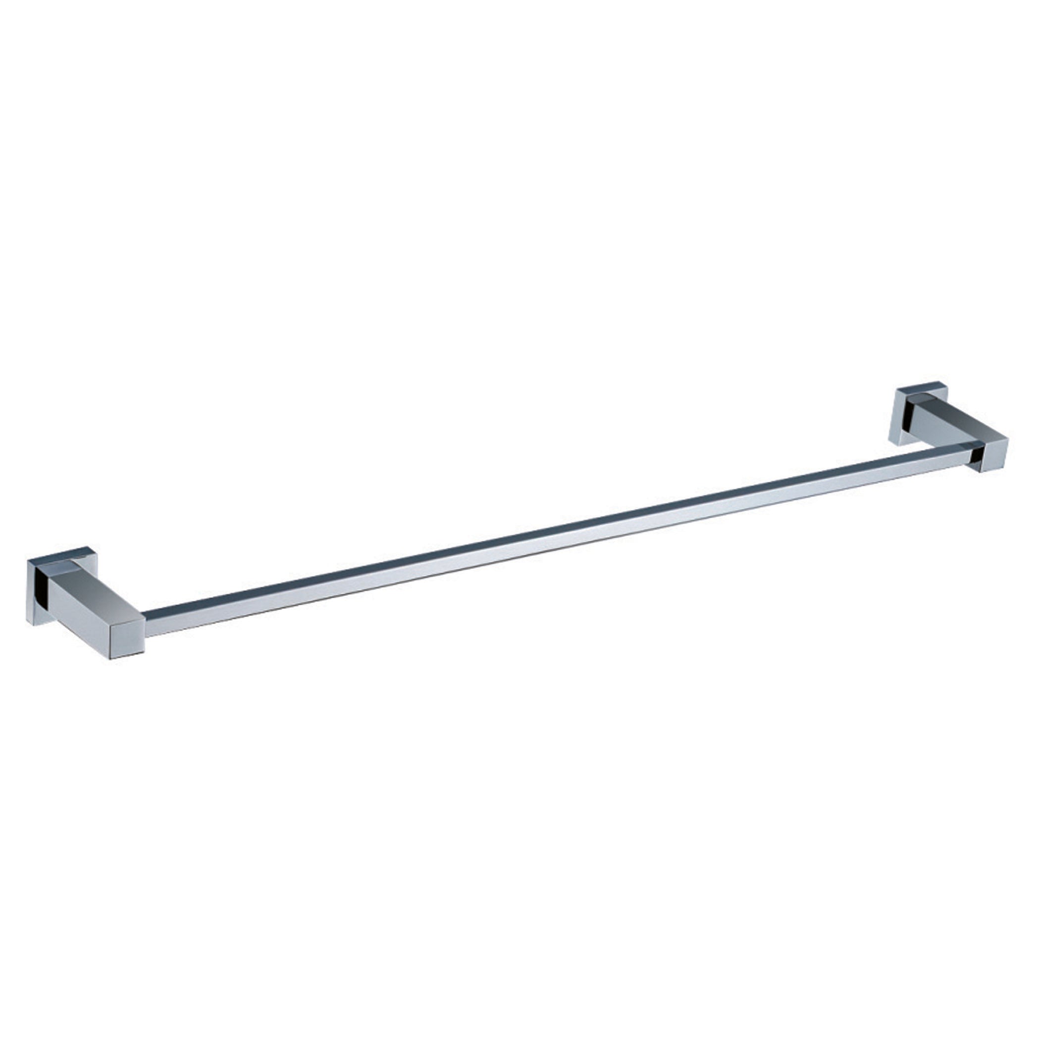 Shiny chrome bathroom towel rail mounted on white wall, modern design for bathroom decor, ideal for hanging towels and bathrobes, durable and sleek bathroom accessory.