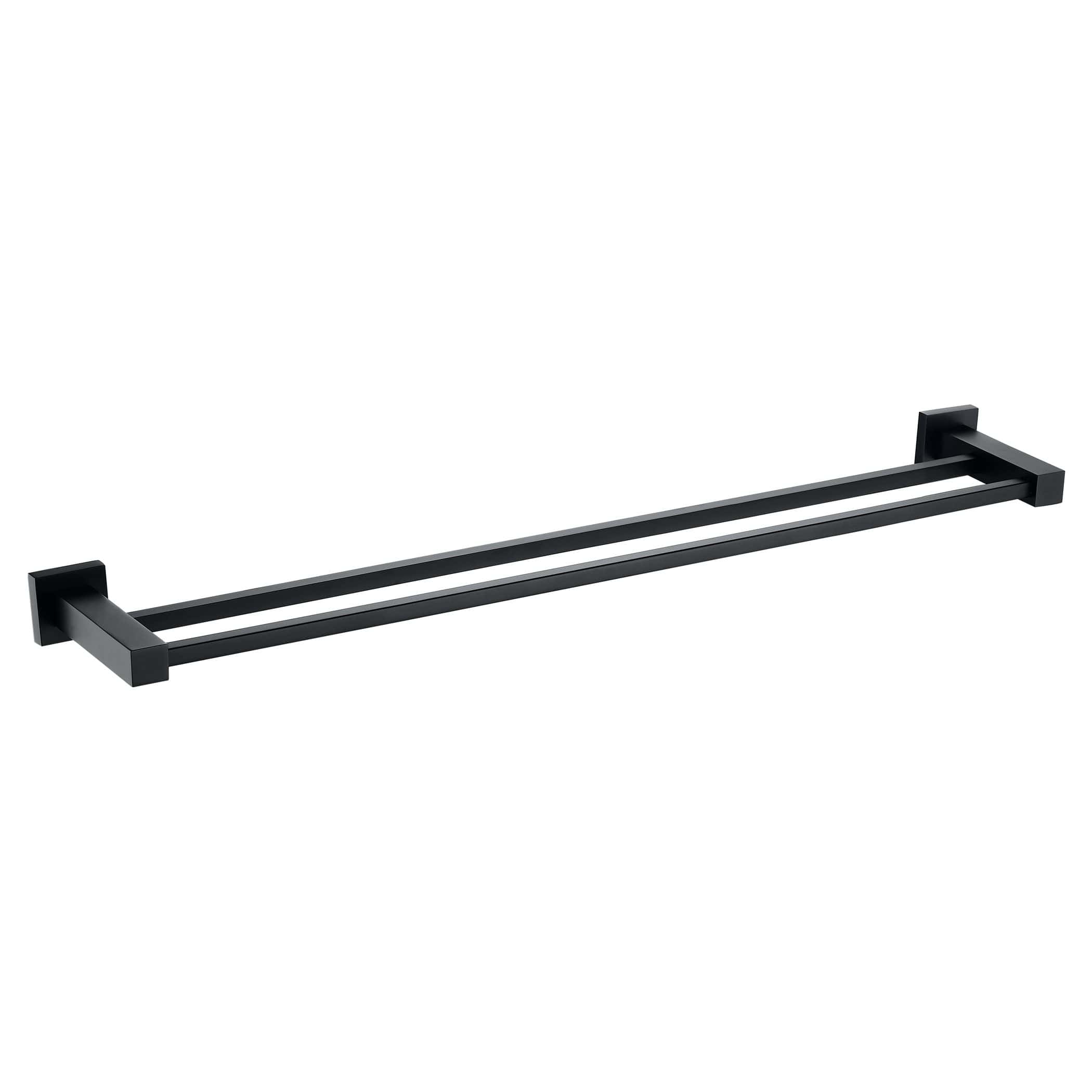 Sleek black double towel rail with modern minimalist design for bathrooms, made of durable metal, perfect for organising towels efficiently.