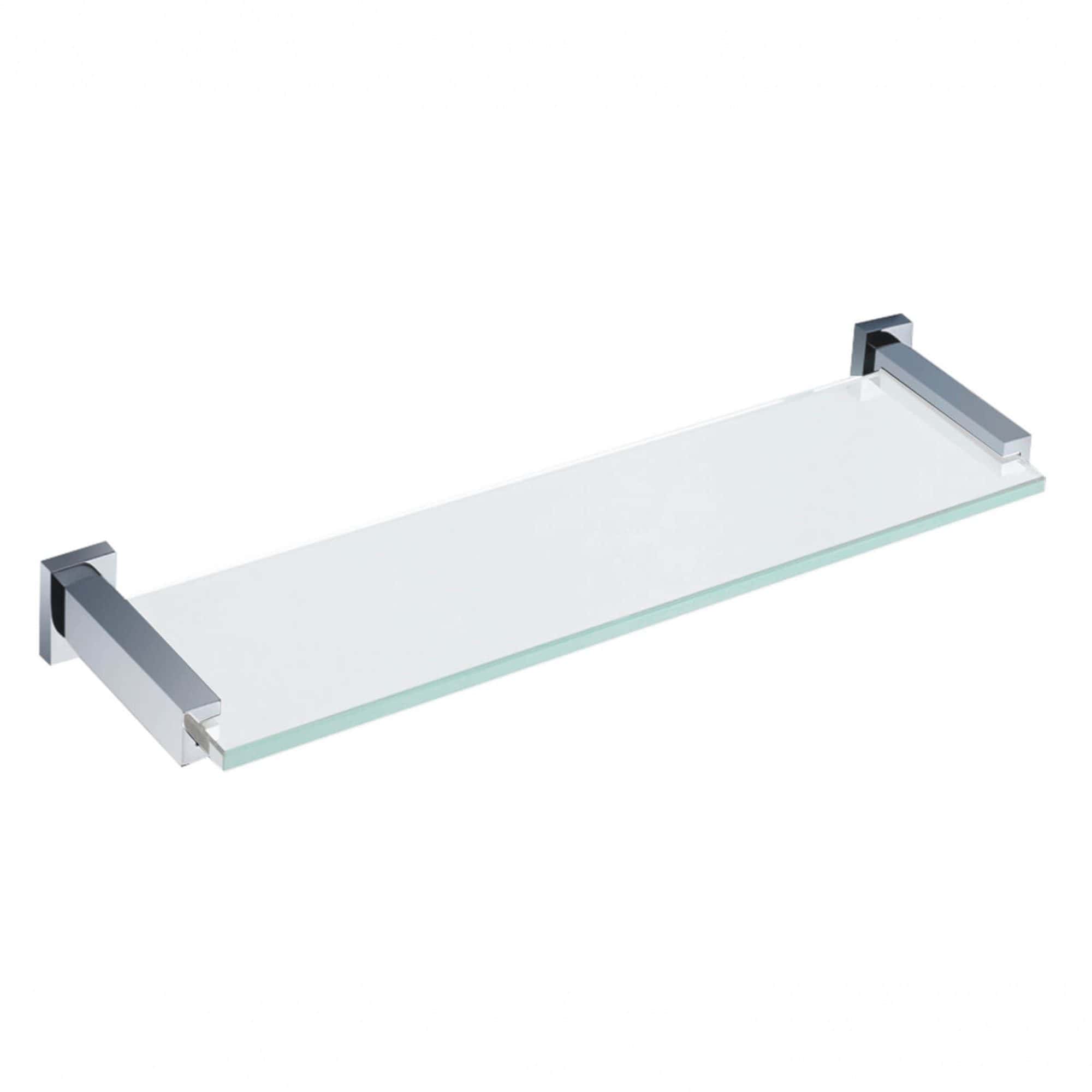 Sleek glass bathroom shelf with chrome brackets, ideal for modern bathroom storage solutions and decorative display.