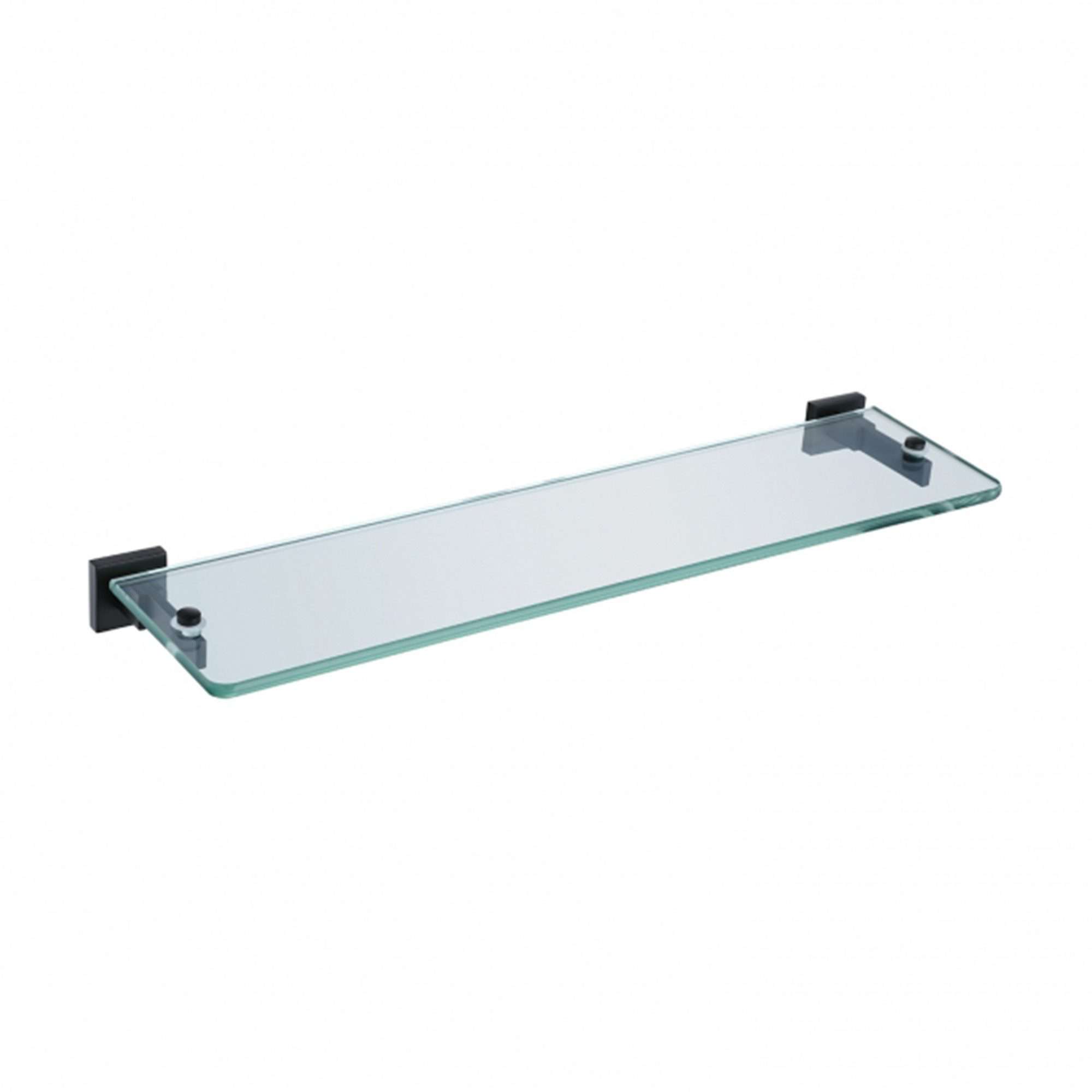 Clear glass bathroom shelf with black mounting brackets, perfect for organising toiletries and accessories in modern bathroom design.