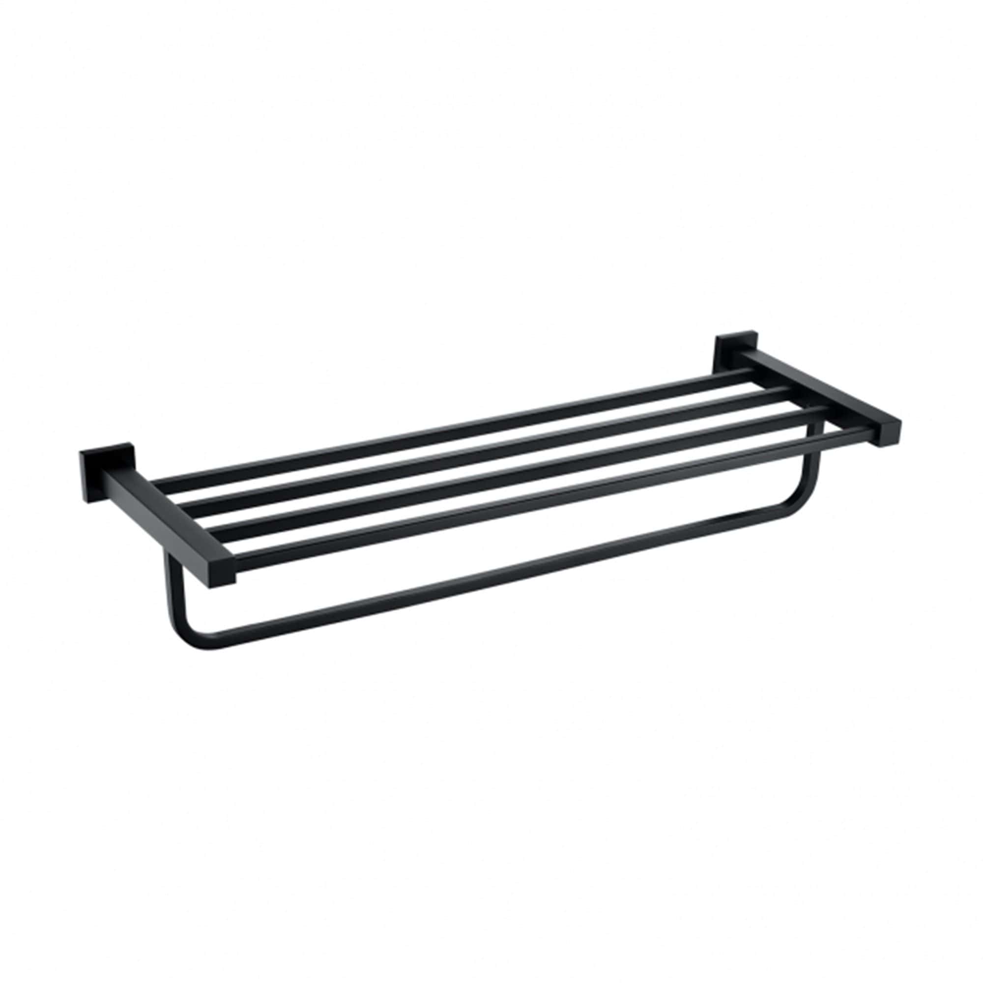 Luxury black metal bathroom towel rack with multiple rails, modern storage solution for towels or bath essentials. Perfect for contemporary bathroom designs.