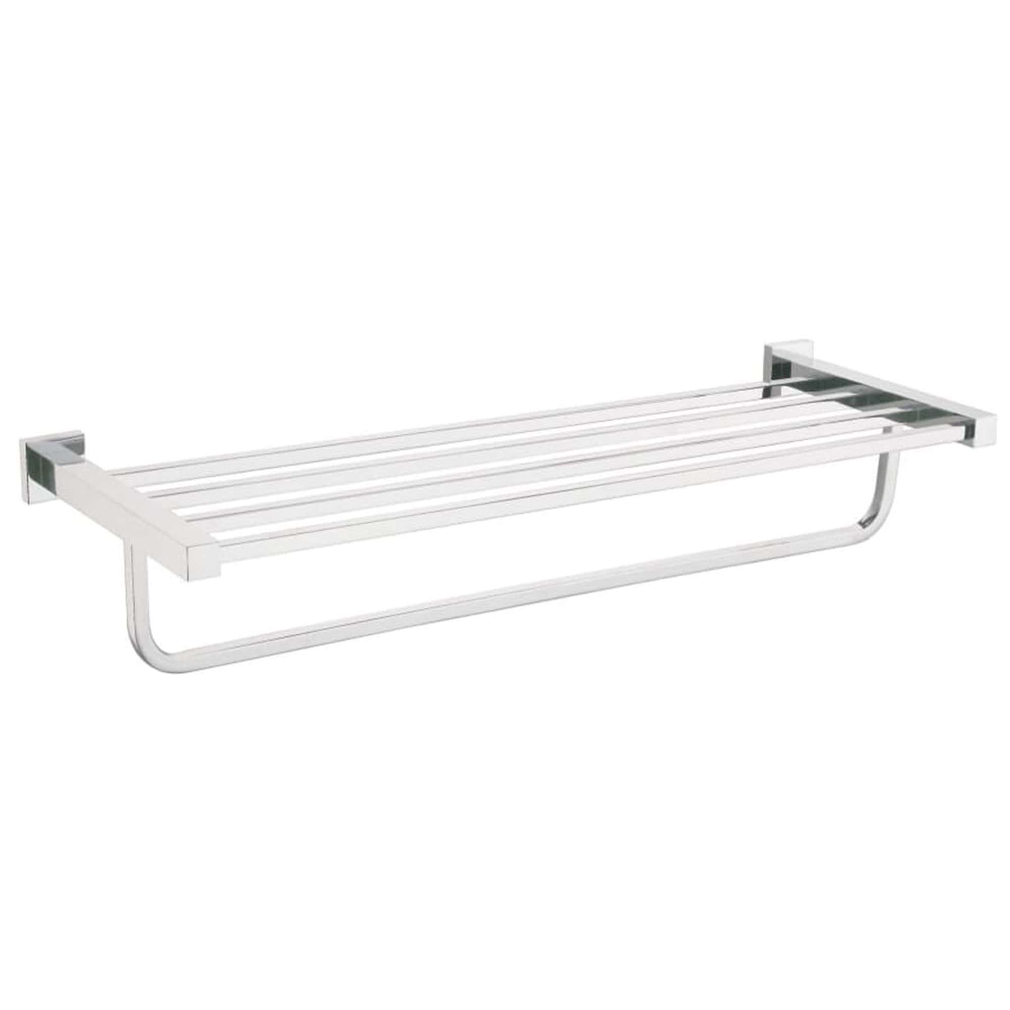 Shower shelf with chrome finish, wall-mounted bathroom accessories for soap, shampoo, and toiletries. Durable and sleek design suitable for modern bathrooms.