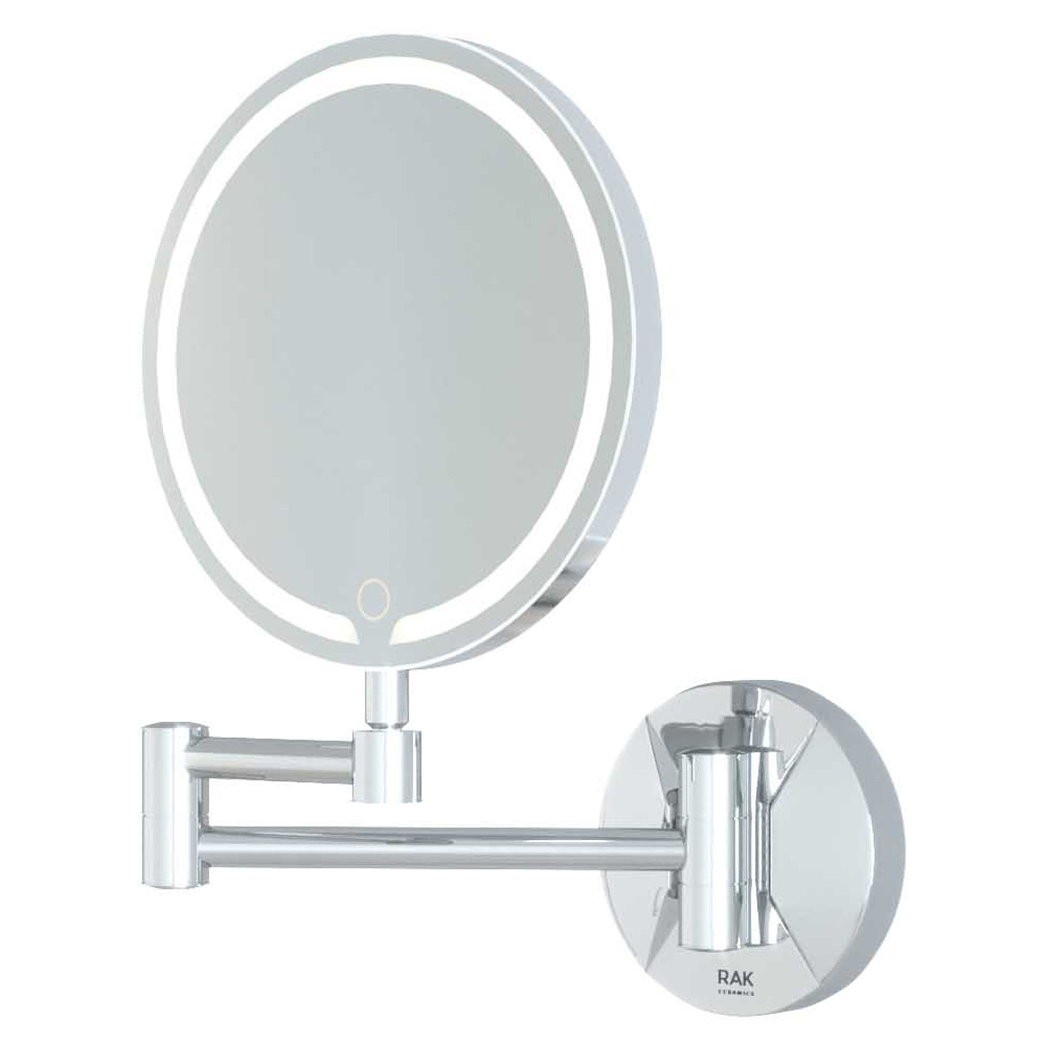 Round magnifying mirror with LED lighting, wall-mounted bathroom mirror suitable for vanity and grooming tasks, modern chrome finish, Bubly Bathrooms.