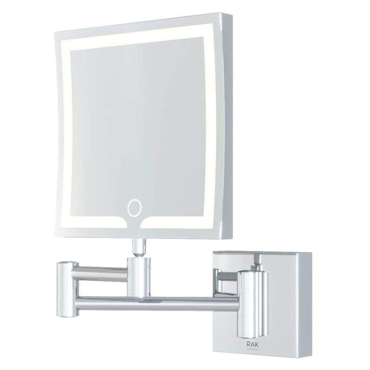 Foldable LED bathroom mirror with magnification and touch control for modern bathrooms.