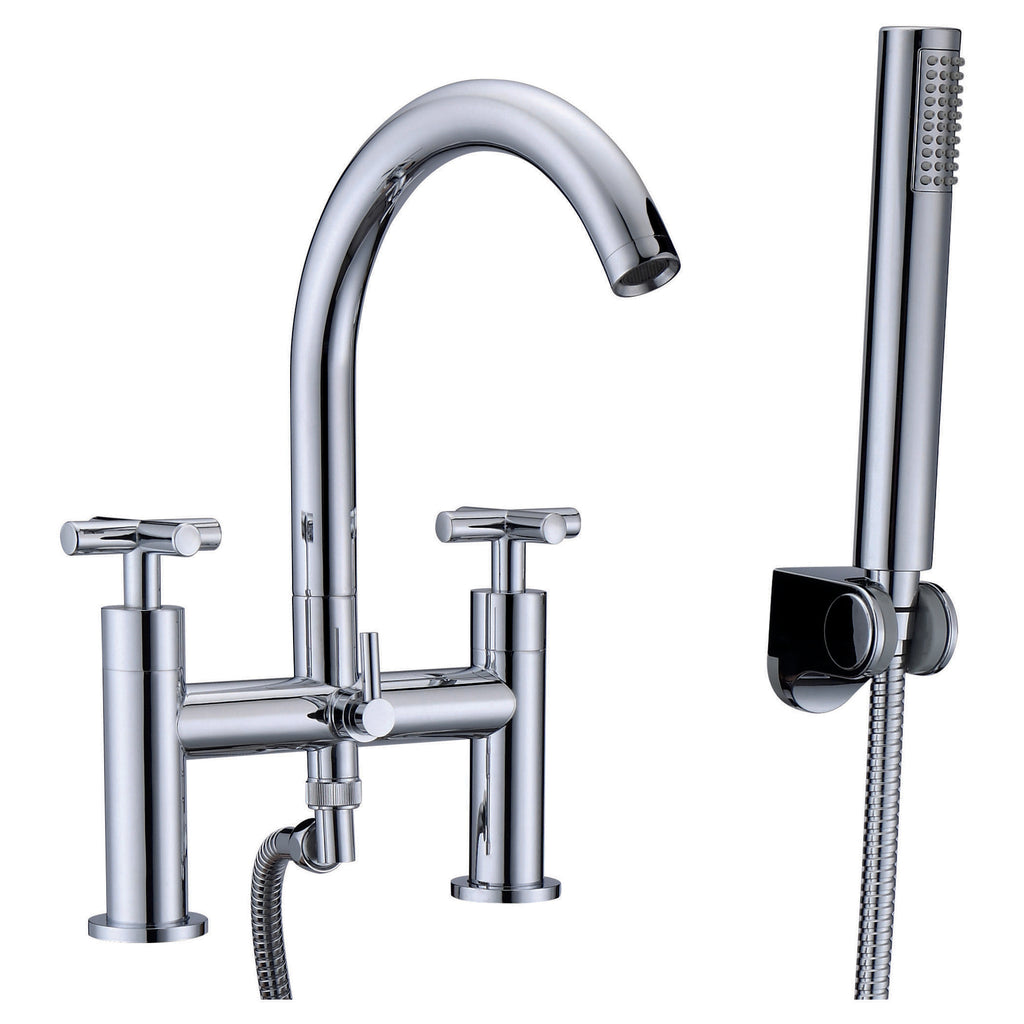 Polished chrome kitchen tap with pull-out spray and flexible hose for modern bathroom or kitchen use. Durable and stylish design by Bubly Bathrooms.