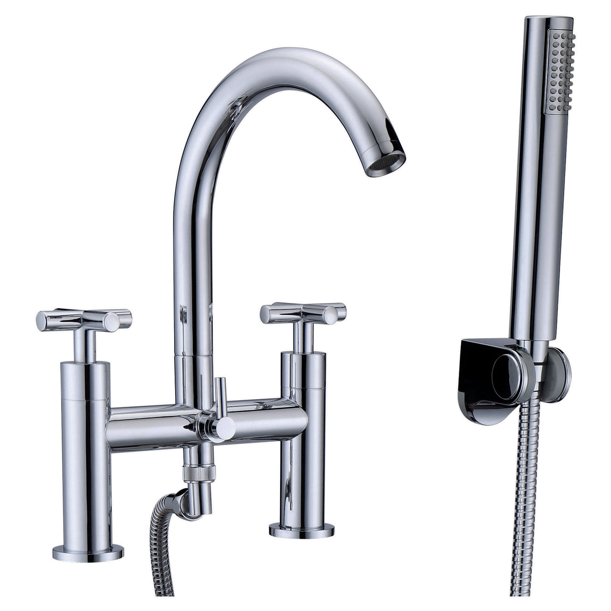 Polished chrome kitchen tap with pull-out spray and flexible hose for modern bathroom or kitchen use. Durable and stylish design by Bubly Bathrooms.