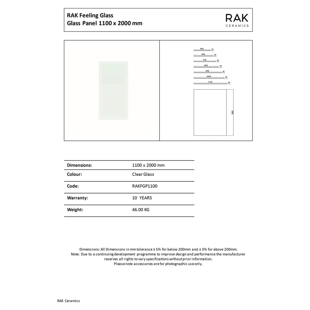 Luxurious clear glass panel for modern bathrooms, measuring 1100 x 2000 mm, perfect for shower enclosures and shower doors, with a 10-year warranty and stylish design.