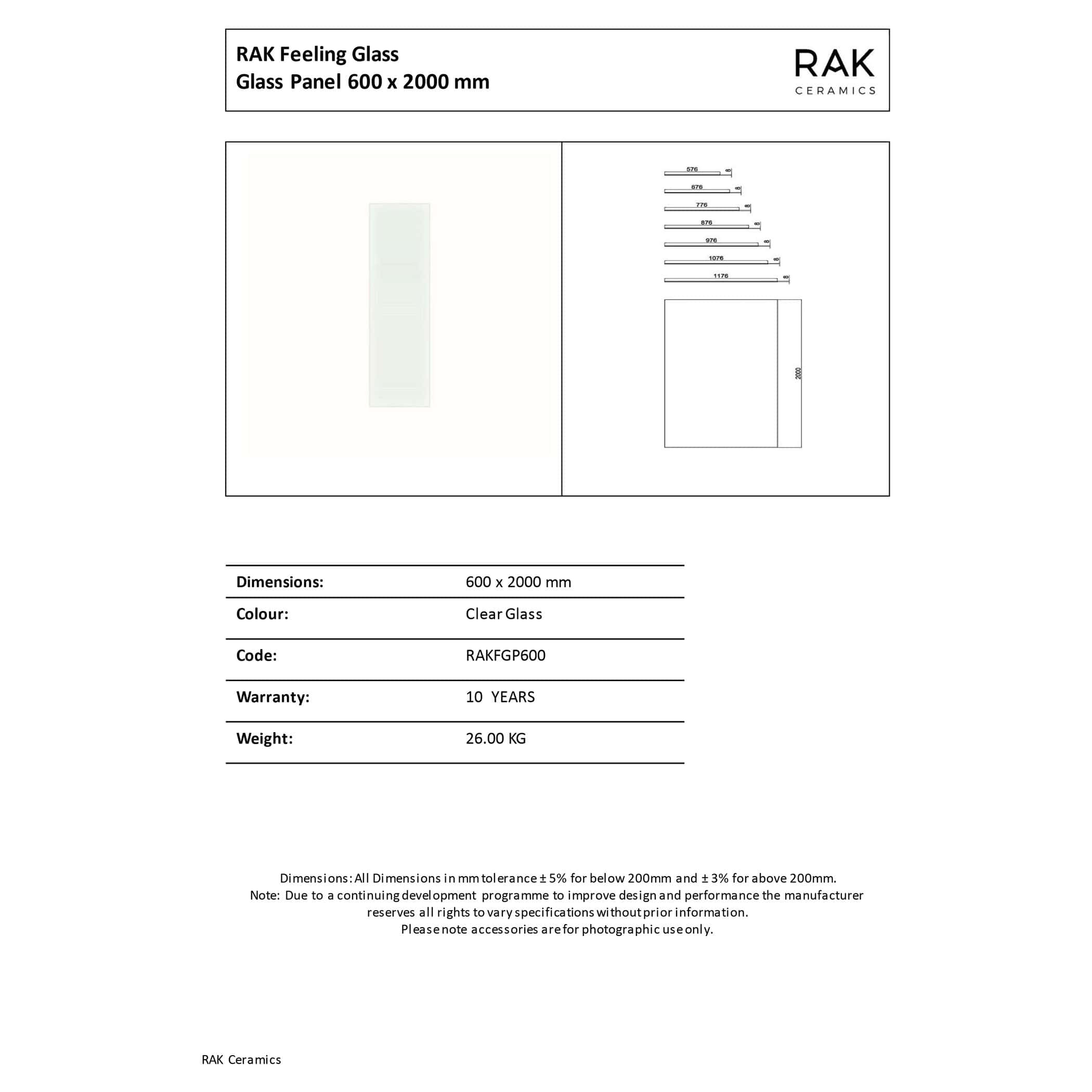 600x2000mm clear glass RAK Feeling Glass panel for modern bathroom showers and interior wall partitions.