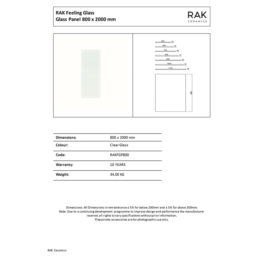 Clear glass RAK feeling glass panel 800x2000mm for modern bathroom design.