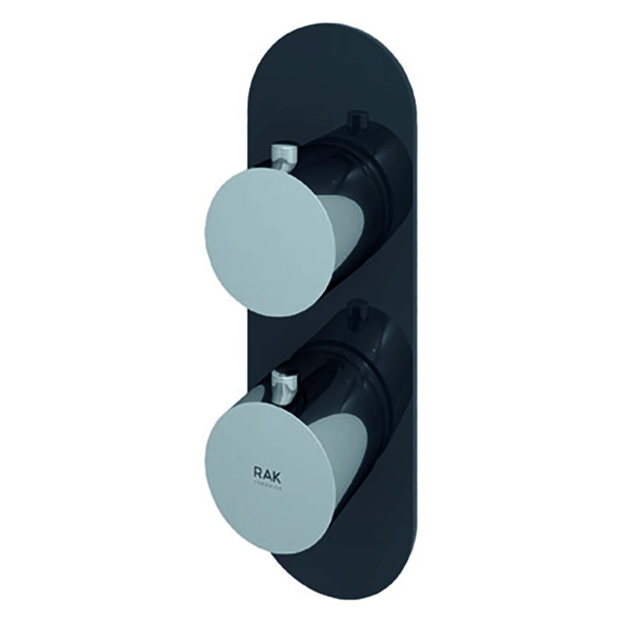 Thermostatic shower valve with dual controls, sleek black wall mount, ideal for modern bathroom shower installations.