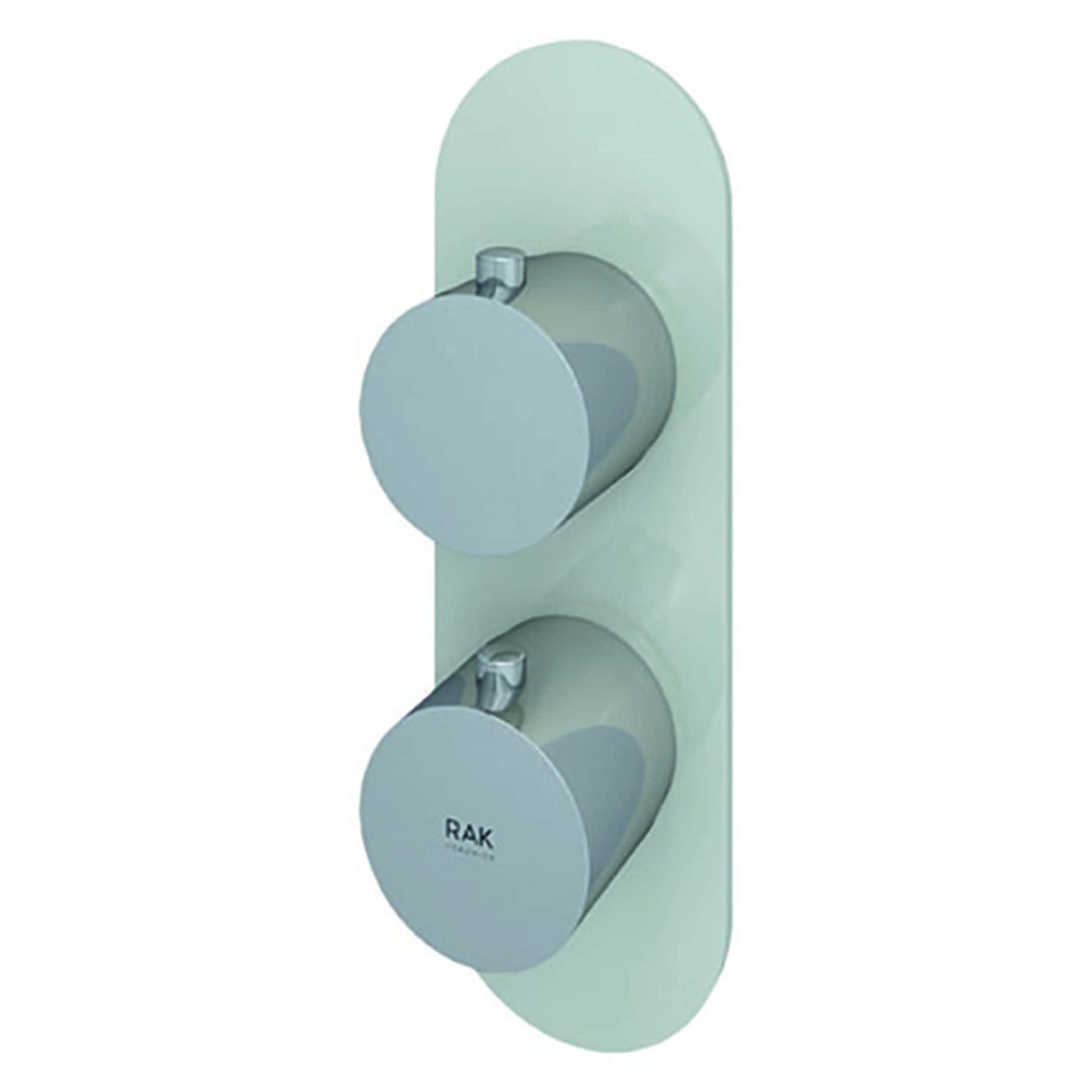 Modern dual shower control panel with sleek grey finish, designed for luxurious bathroom installations and easy temperature management.