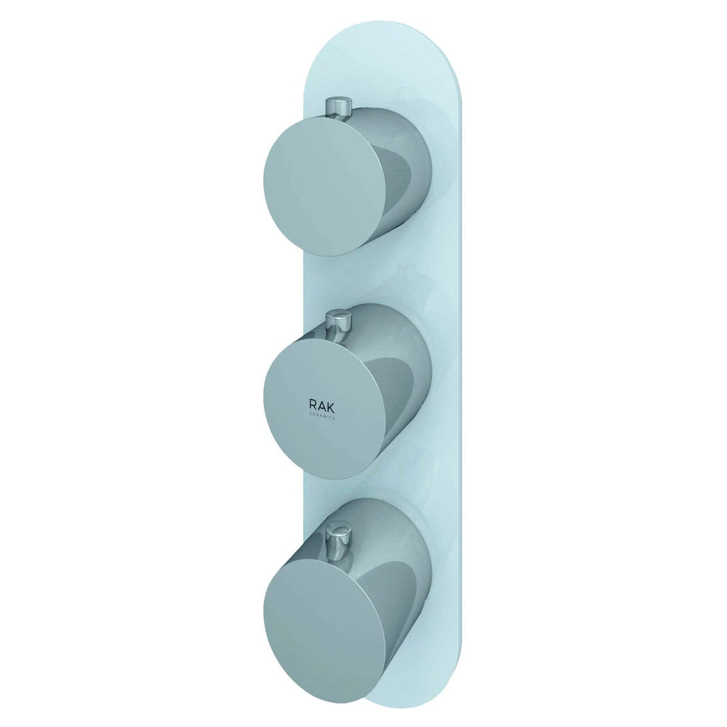 Sleek modern thermostatic shower valve with three control knobs in matte grey finish, perfect for contemporary bathrooms, by Bubly Bathrooms, designed for efficient water temperature regulation.