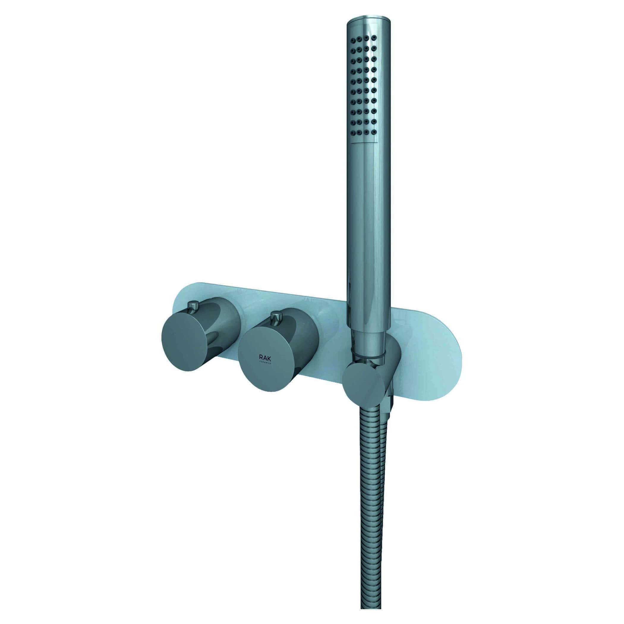 Sleek modern bathroom shower mixer tap with a handheld shower head and easy-to-use controls, perfect for contemporary bubly bathroom designs in the UK.