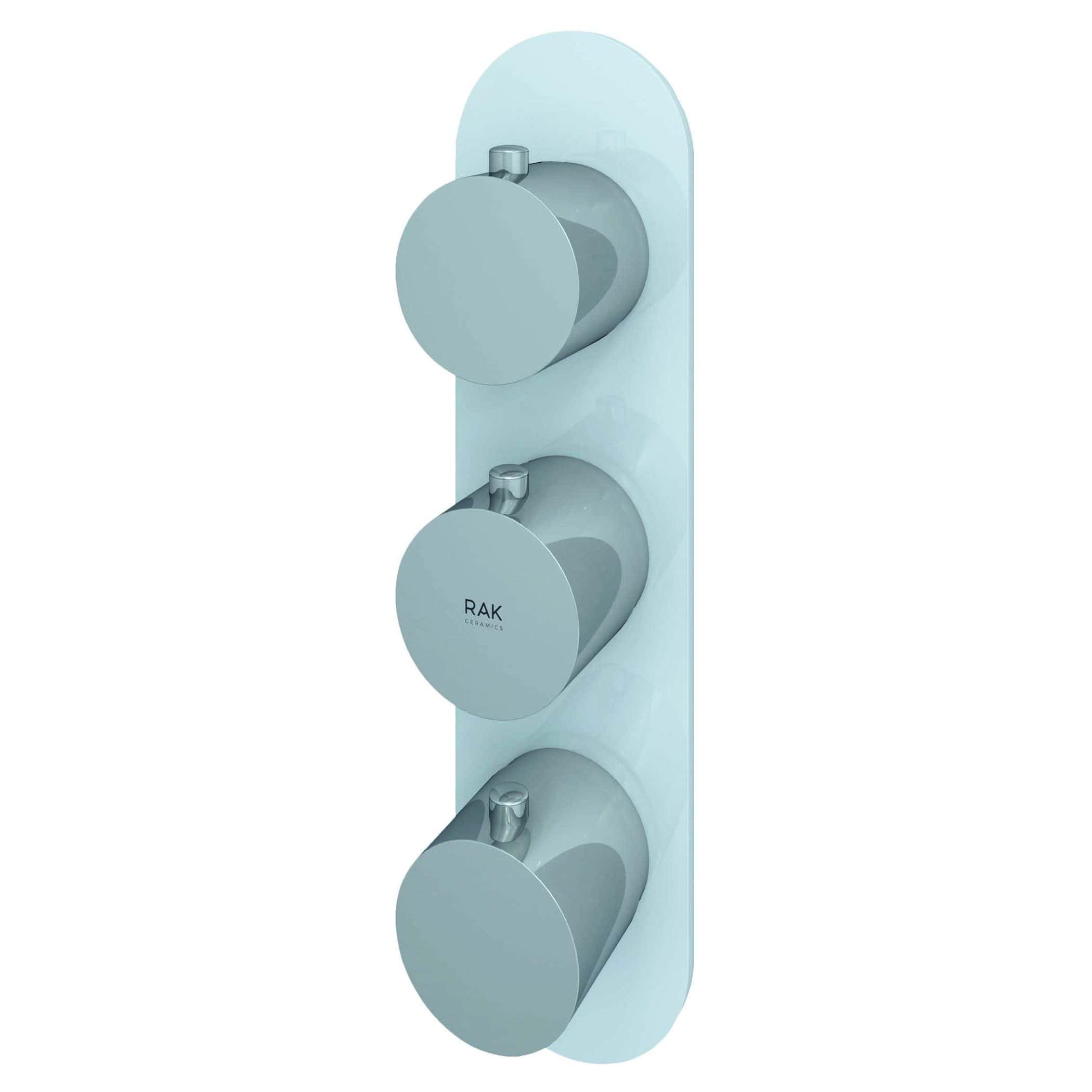 Sleek modern thermostatic shower valve with three control knobs in matte grey finish, perfect for contemporary bathrooms, by Bubly Bathrooms, designed for efficient water temperature regulation.
