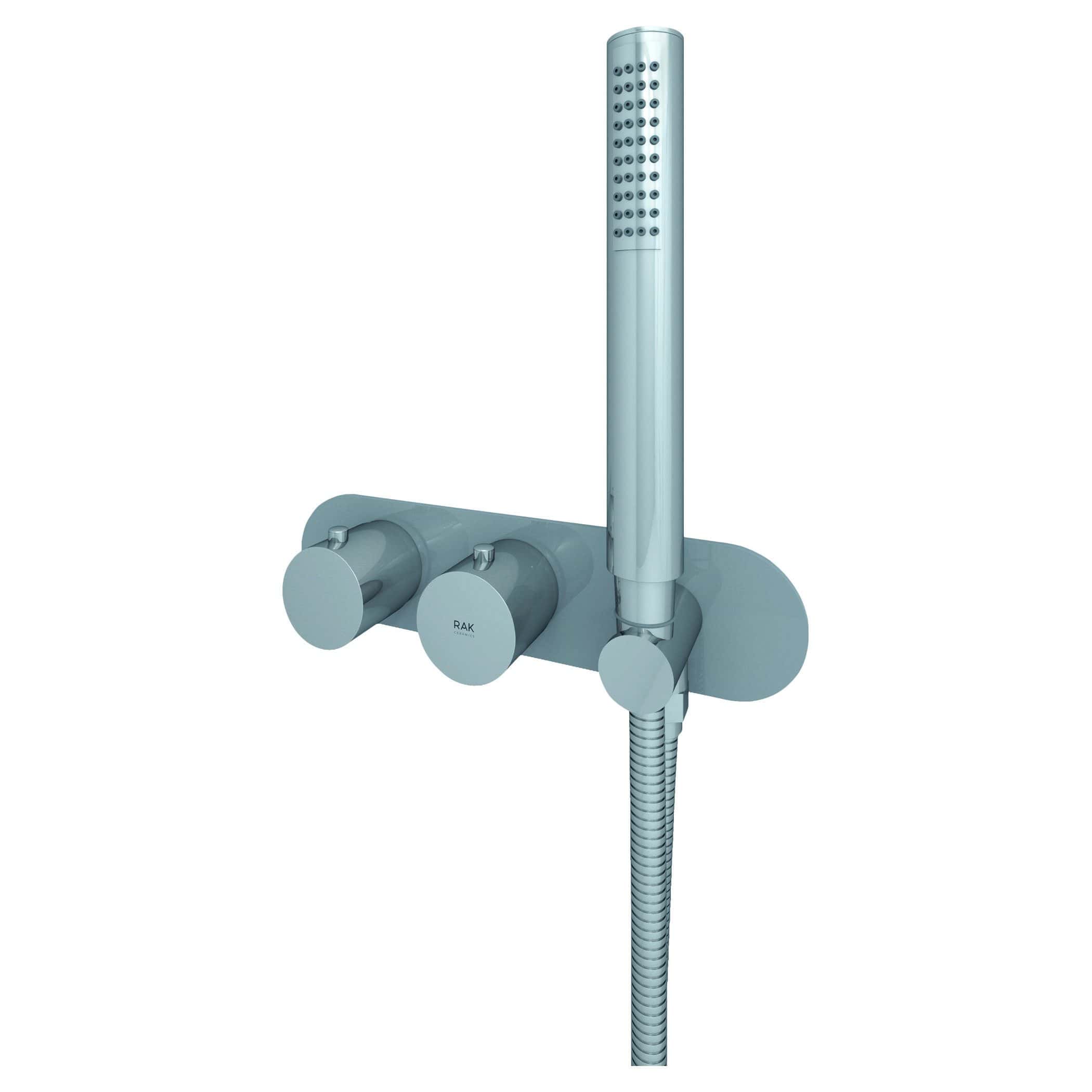 Sleek modern chrome bathroom shower mixer with handheld shower head and adjustable spray settings, perfect for stylish and functional contemporary bathrooms.