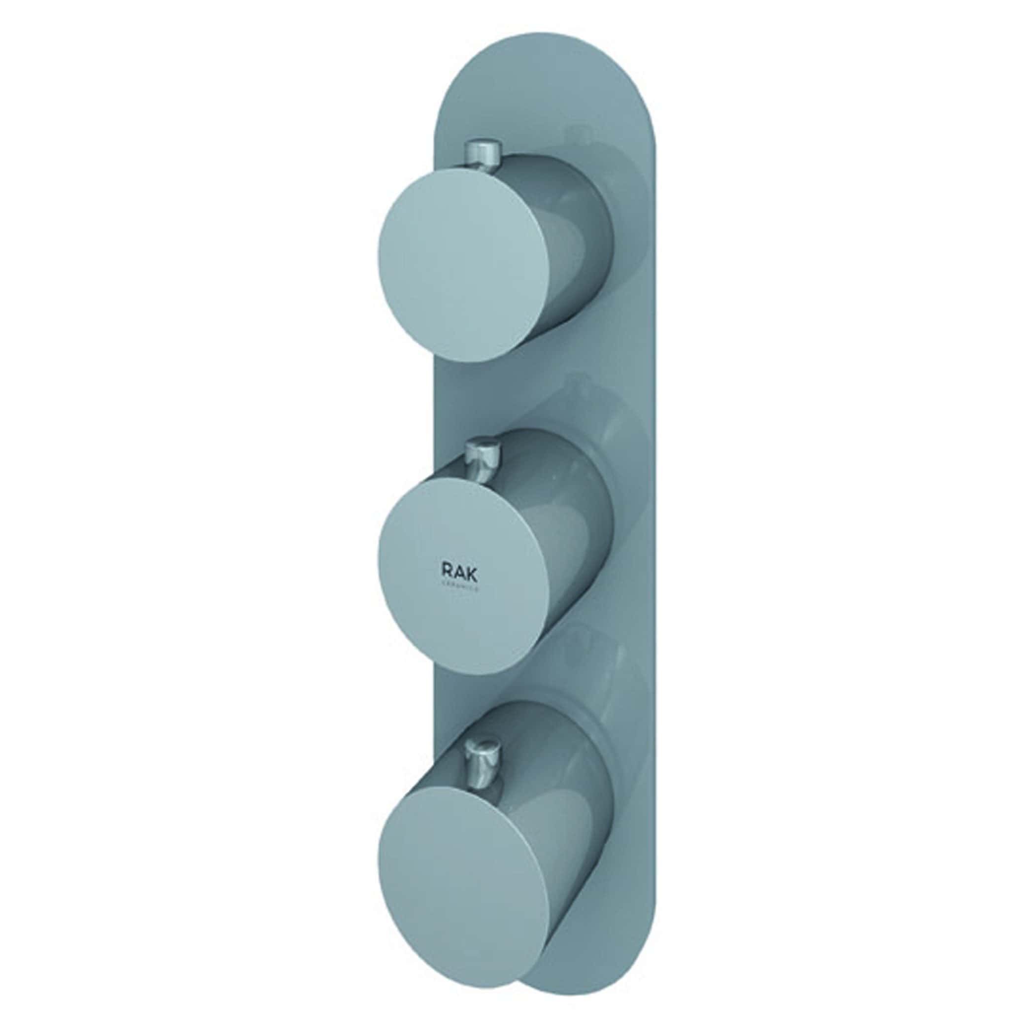 Alt text: Modern RAK thermostatic shower control panel with three round dials in light blue finish, sleek design for contemporary bathrooms.