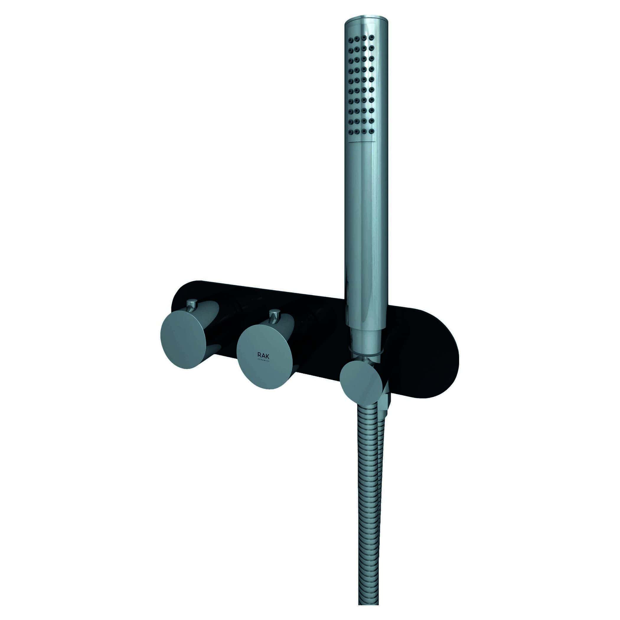 Chrome bathroom shower head with adjustable temperature controls and handheld sprayer, ideal for modern Bubly bathrooms.